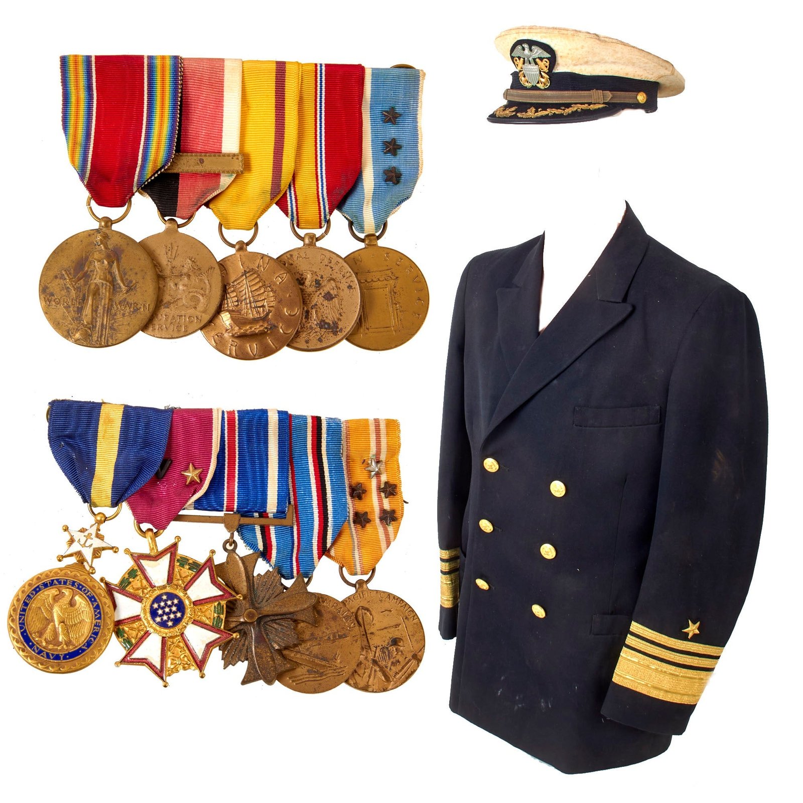 Original U.S. WWII Medal Racks of Admiral Andrew McBurney Jackson, Jr. with 1960s Coat & Bancroft Cap as Displayed in Museum - Engraved DFC, LM, & Navy DSM