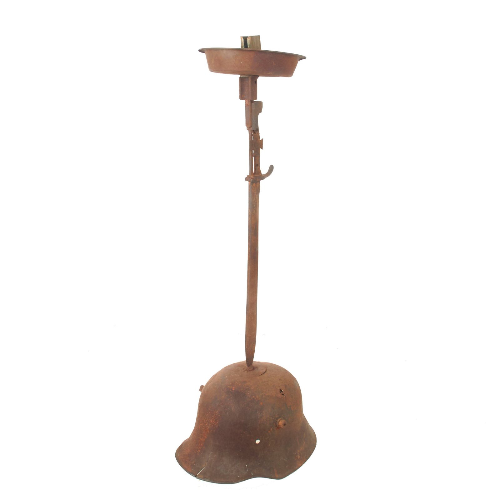 Buy Original German WWI “Trench Art” Ashtray with M16 Stahlhelm & M1898/05 Butcher Bayonet - Hindenburg Cross - Assembled Post-WWII | Original Firearms Antique For Sale