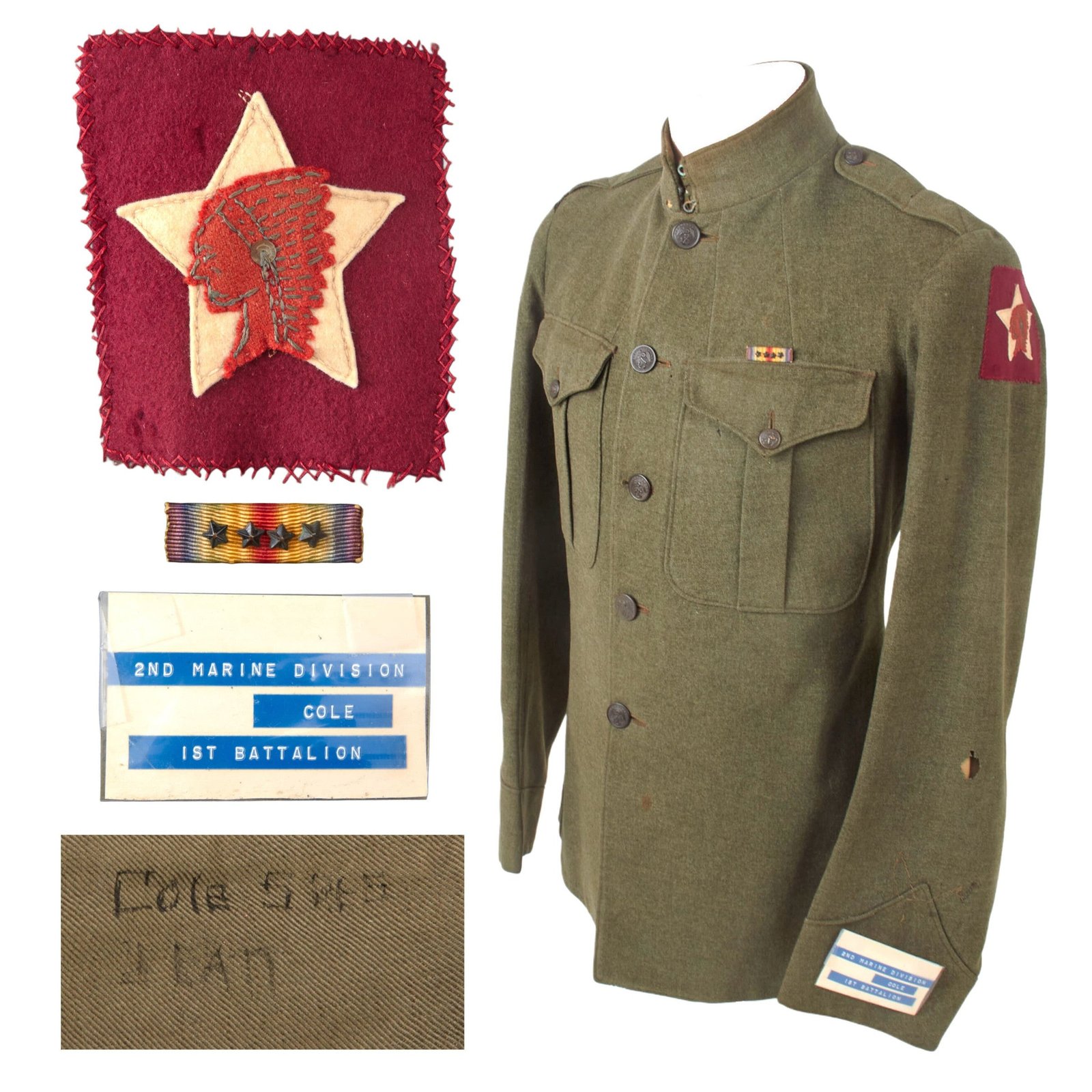 Buy Original U.S. WWI 2nd Division USMC P-1912 Forest Green Enlisted Uniform Jacket with 1st Bn. 5th Marine Regiment Patch & Two Wound Stripes - Named on Interior | Original Firearms Antique For Sale