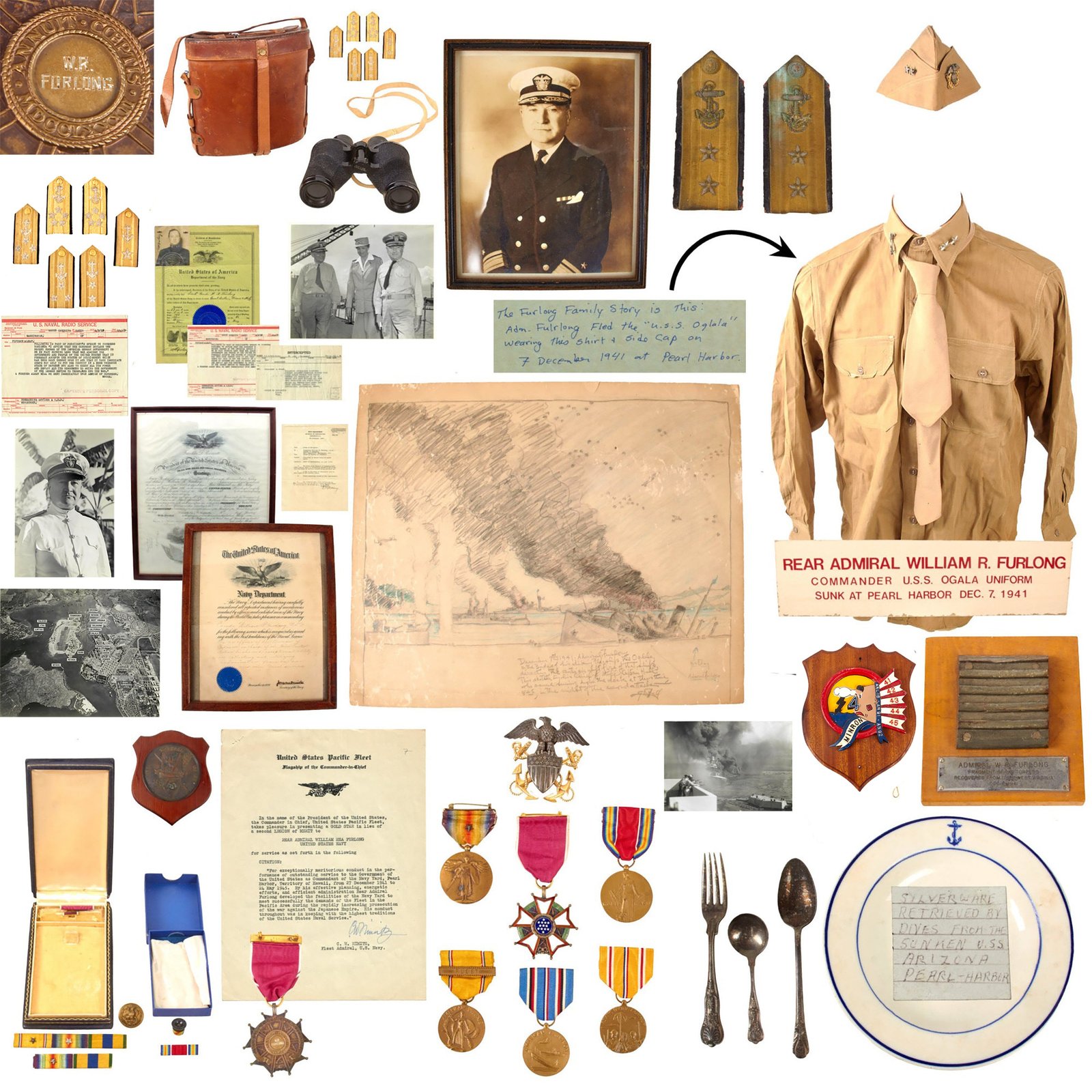 Original U.S. WWII Attack on Pearl Harbor Admiral Furlong Uniform Grouping with Uniform & Shoulder Boards Worn During Pearl Harbor Attack, USS Arizona Artifacts and Engraved Legion of Merit Medal