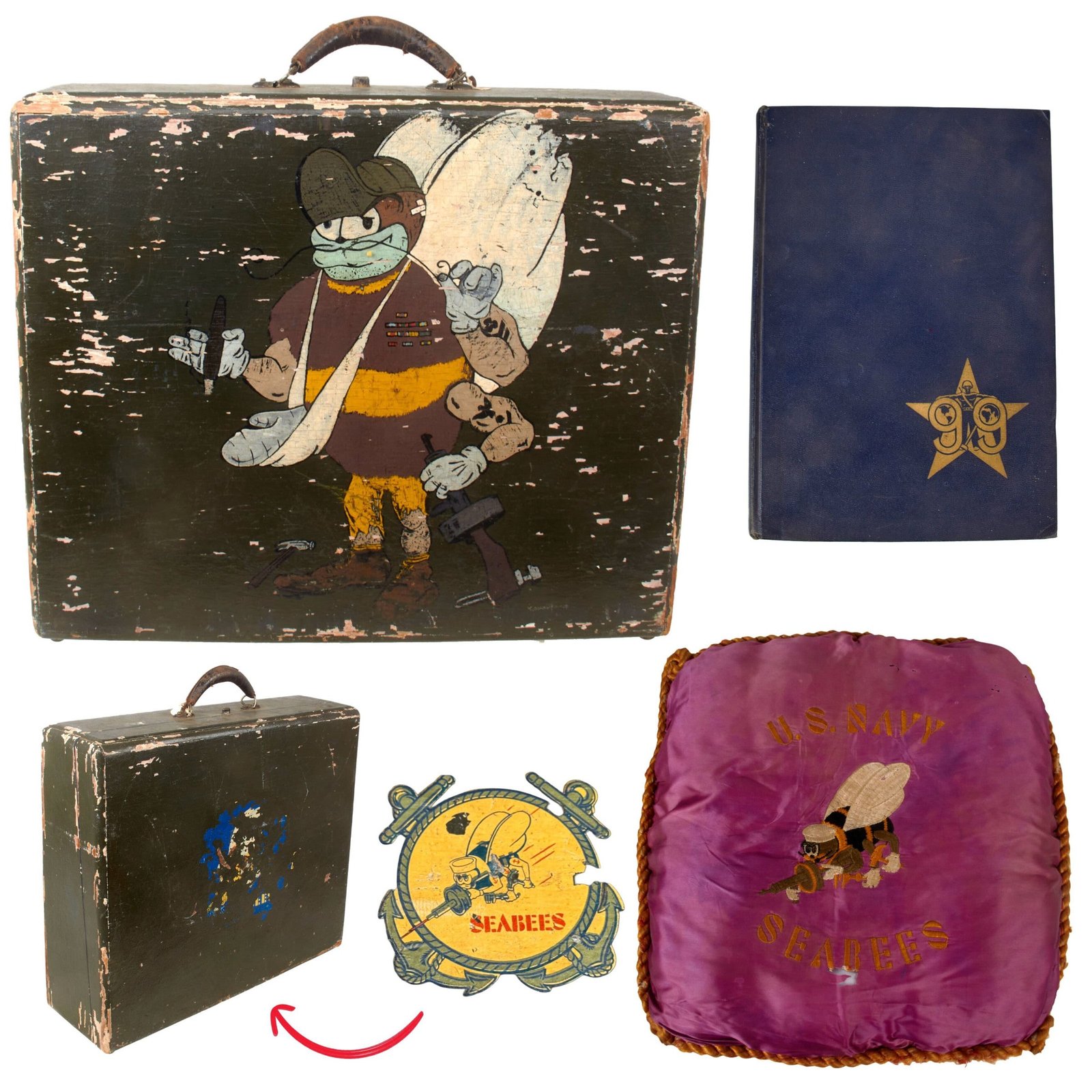 Buy Original U.S. WWII 99th “Seabee” Naval Construction Battalion Painted Suitcase with Pillowcase & Unit History - Outstanding | Original Firearms Antique For Sale