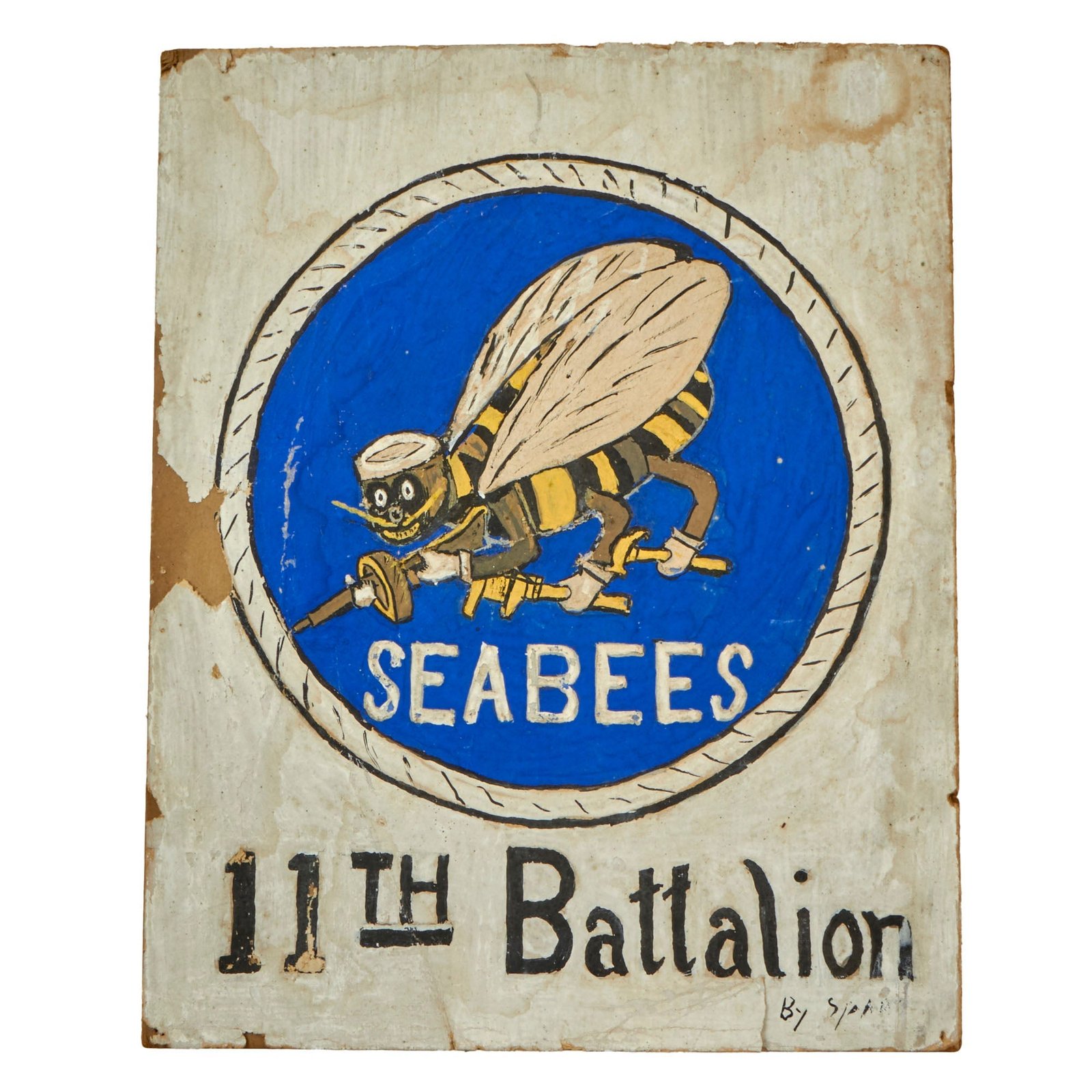 Buy Original U.S. WWII Naval Construction 11th Battalion Seabees Hand-Painted Unit Sign - 8 x 10” | Original Firearms Antique For Sale