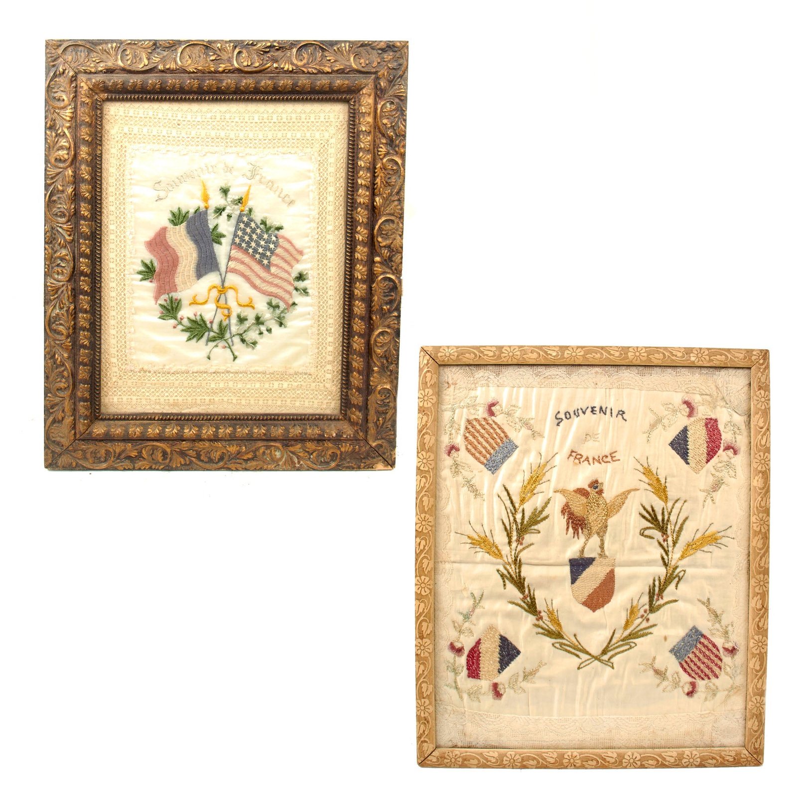 Original U.S. WWI Pair of Framed Embroidered French Souvenirs - 15½ x 18½” & 17½ x 21½”