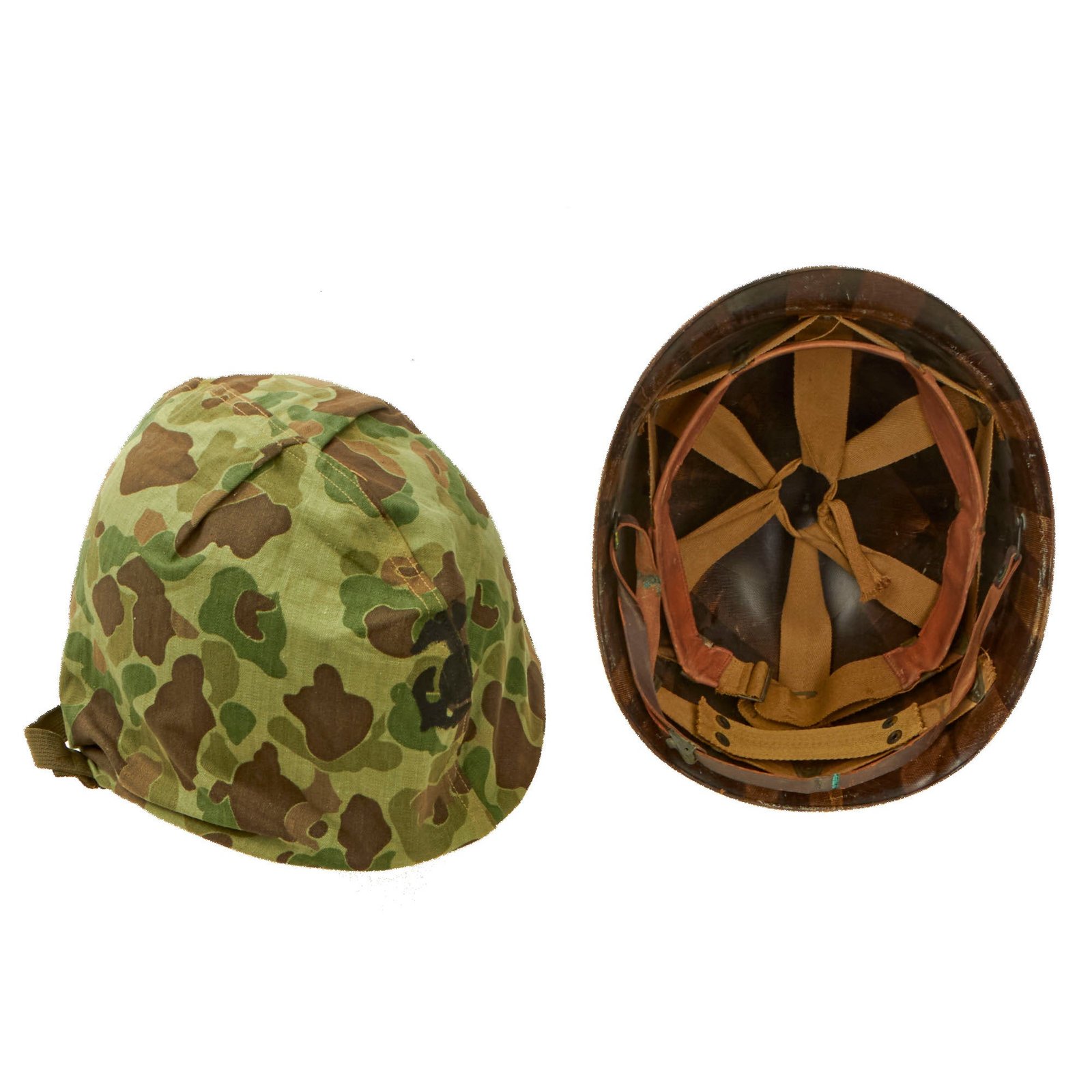 Buy Original U.S. Korean War USMC M1 Helmet with Seaman Paper Company Liner and 1st Pattern USMC Camouflage “Frogskin” Cover - Complete | Original Firearms Antique For Sale