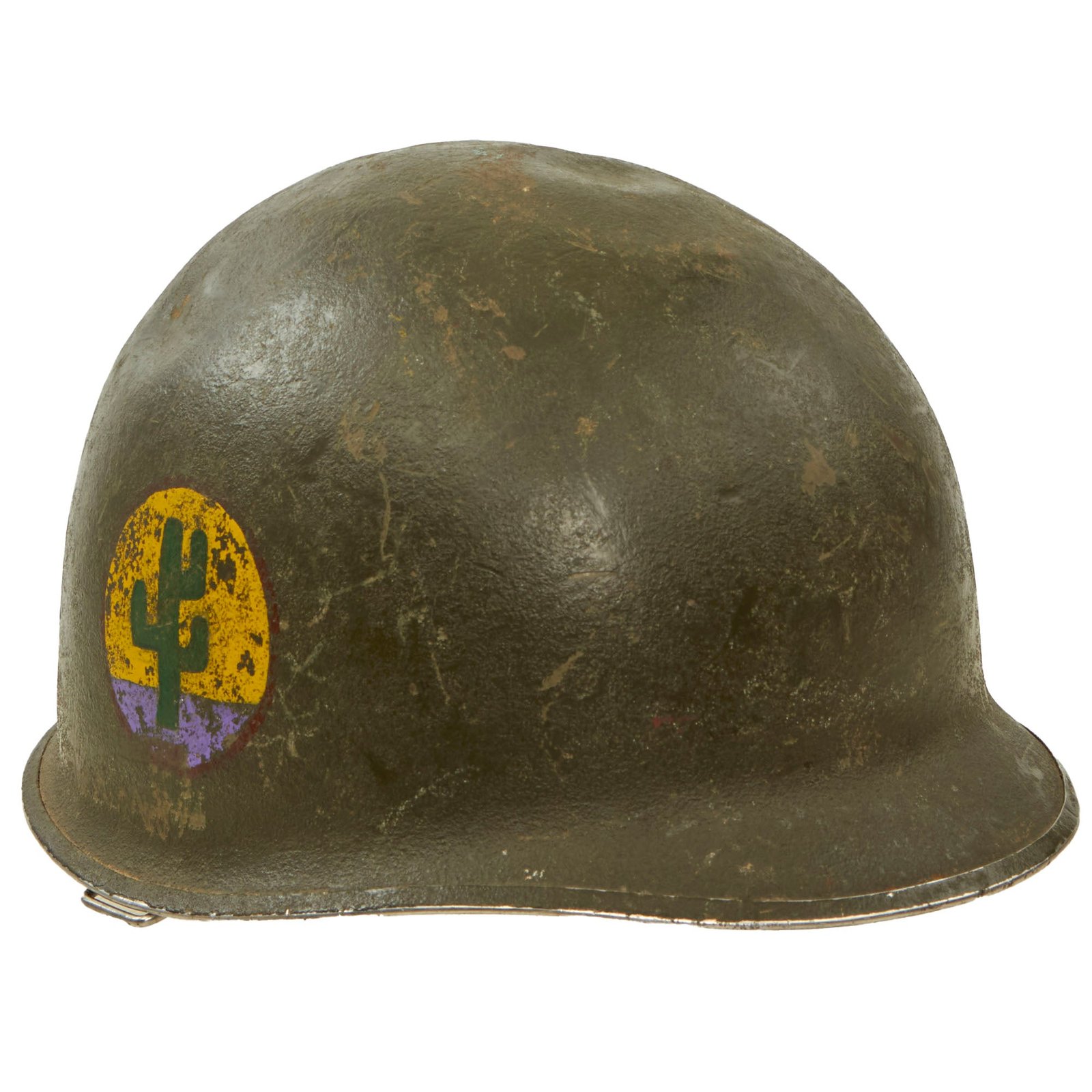 Buy Original WWII U.S. 103rd Infantry Division Painted Rear Seam Swivel Bale M1 Helmet with Seaman Paper Company Liner - Occupation Painted | Original Firearms Antique For Sale