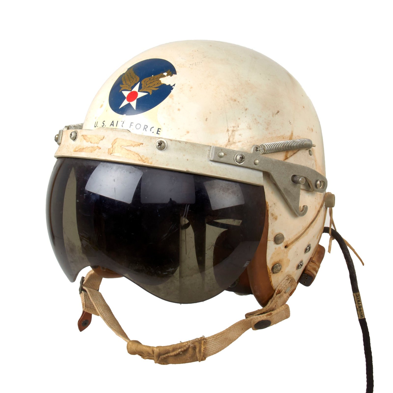 Buy Original Cold War U.S. Air Force Selby Shoe Co. P-4 Flying Helmet with Tinted Visor & USAF Decal - Dated July 1955 | Original Firearms Antique For Sale