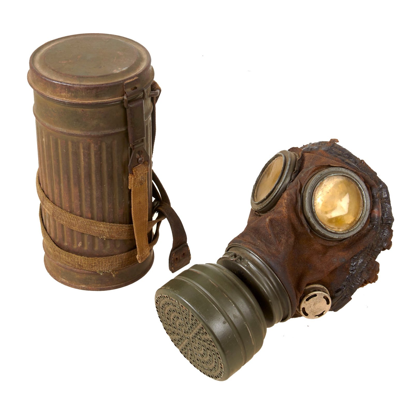Original German Pre-WWII Gas Mask Converted from WWI M1917 Ledermaske Gas Mask with Early Style Short Canister & Original Straps - Rare
