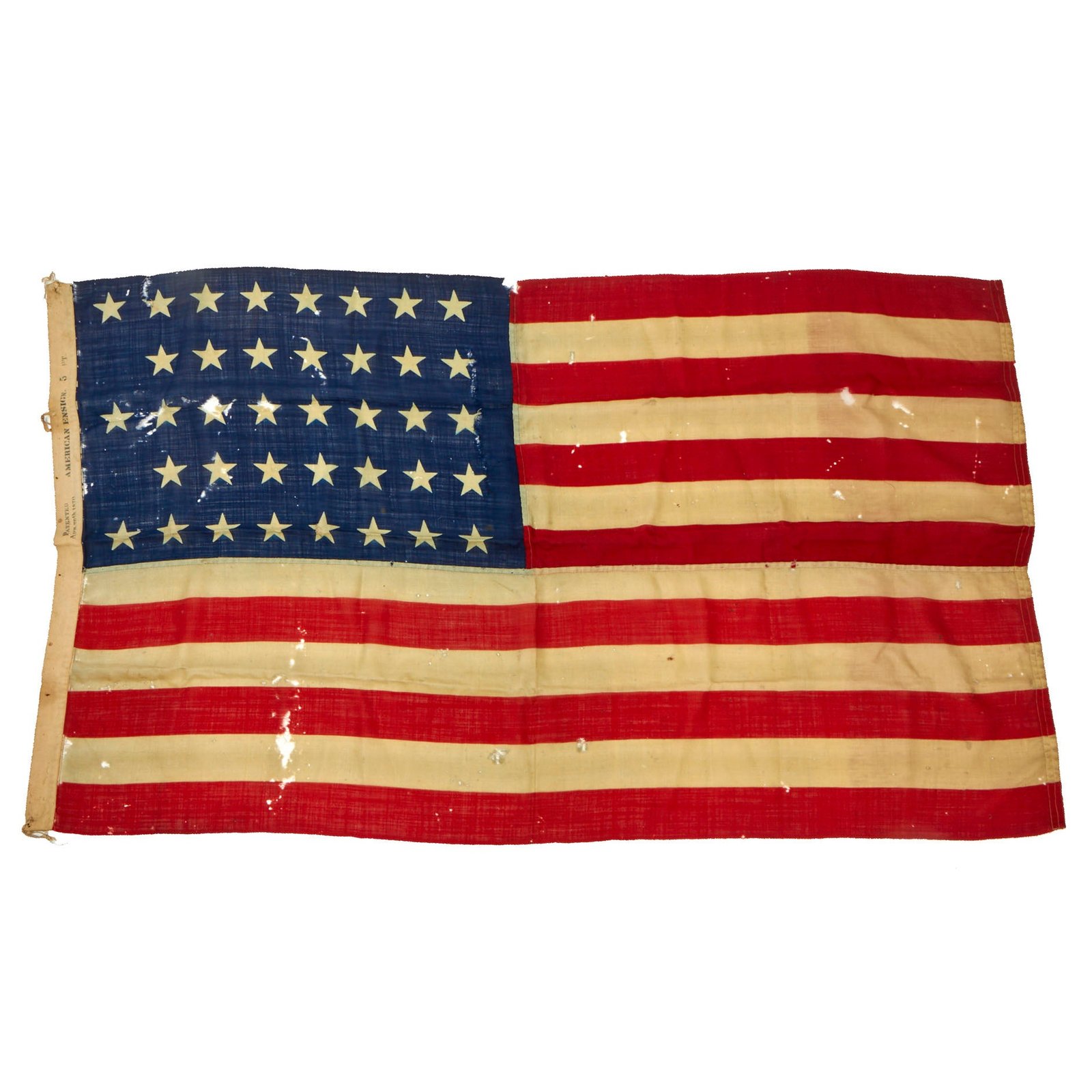 Buy Original U.S. Indian Wars Era 38 Star (1877-1890) United States National Flag with 1870 Patent Date - 37 x 63” | Original Firearms Antique For Sale