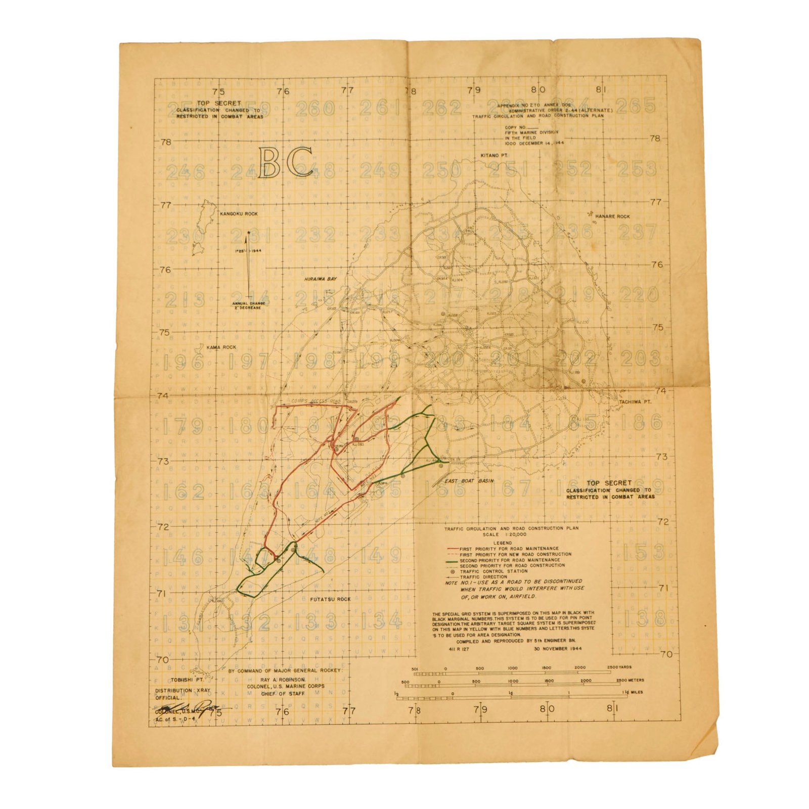Buy Original U.S. WWII USMC 5th Marine Division Battle of Iwo Jima Top Secret “Traffic Circulation & Road Construction Plan” Compiled Ahead of Battle in November 1944 - 16¼ x 20” | Original Firearms Antique For Sale