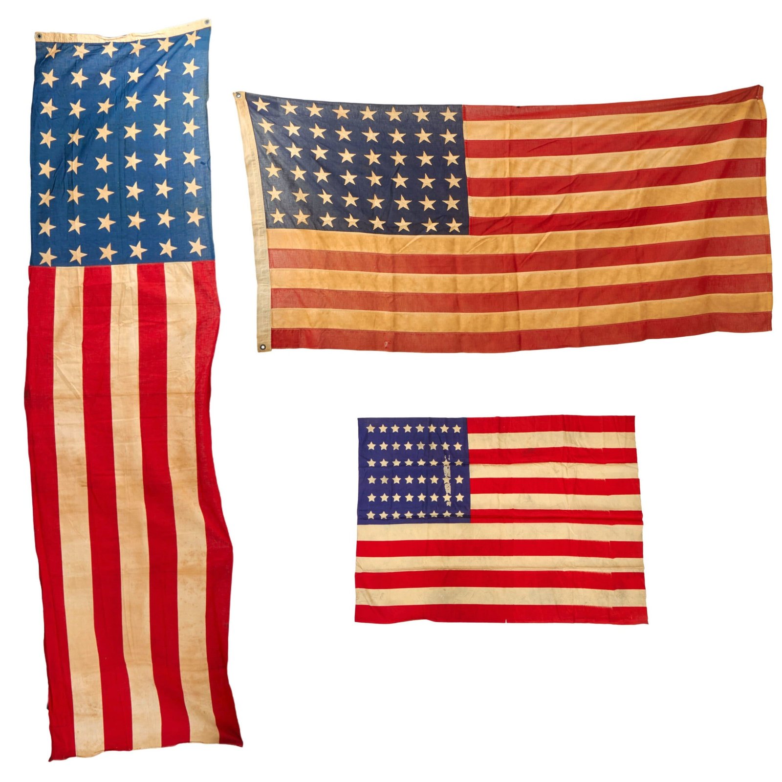 Buy Original U.S. WWI & WWII 48 Star Wool Flags & Banner - Lot of 3 - 32 x 43”, 28 x 112” & 37 x 76” | Original Firearms Antique For Sale