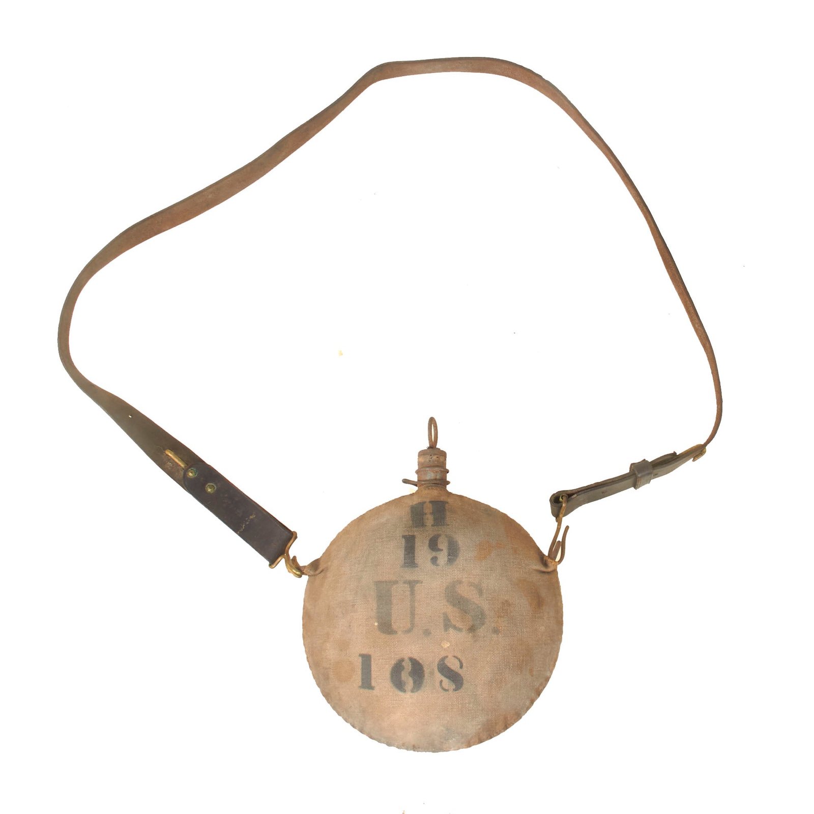 Buy Original U.S. Indian Wars / Spanish-American War Unit-Marked M1878 Canteen with Leather Shoulder Strap - 19th Regiment, Company H | Original Firearms Antique For Sale