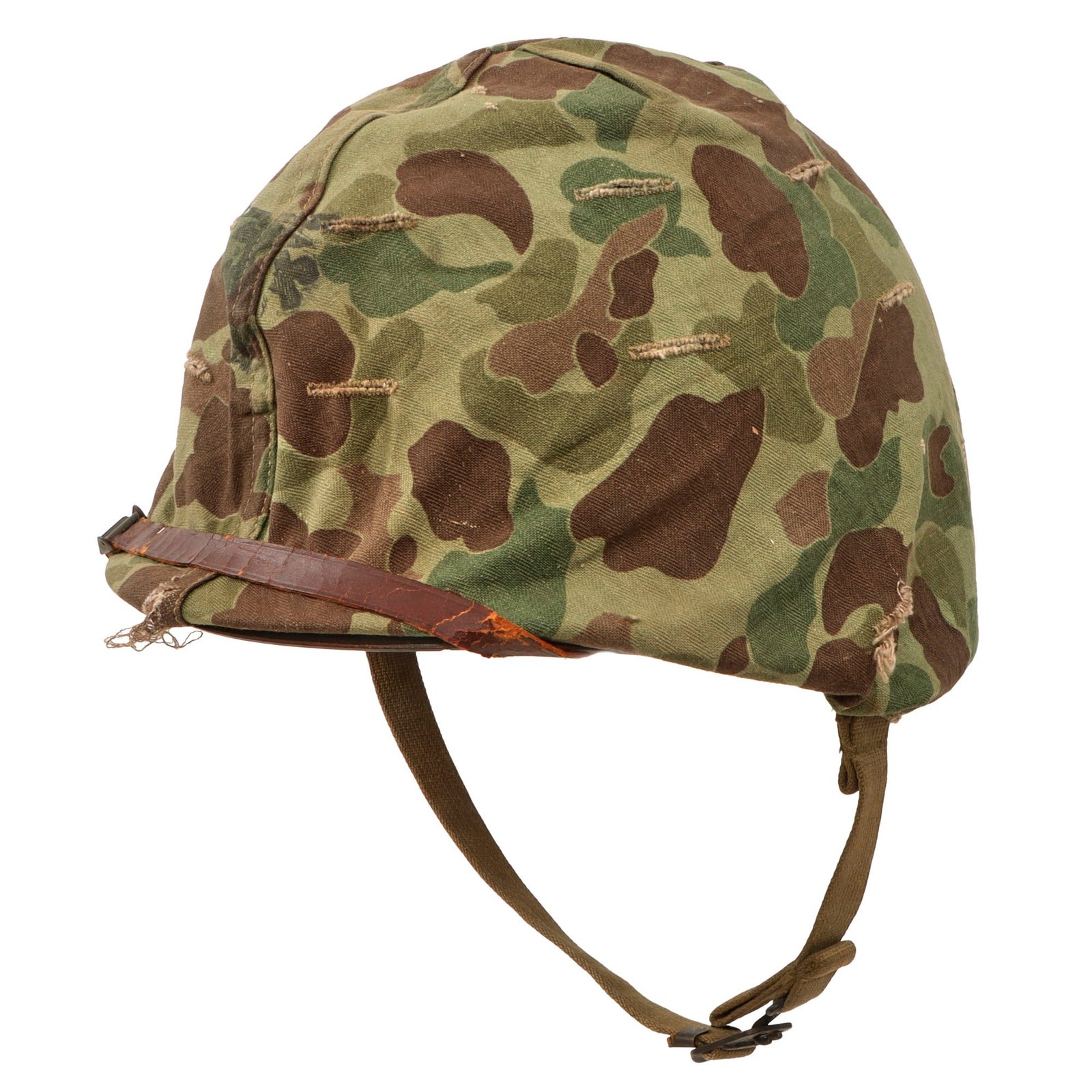 Original U.S. WWII  & Korean War USMC Front Seam Fixed Bale M1 Helmet with Westinghouse Liner and Blue Anchor 1953 USMC Cover With Torn Stenciled Eagle, Globe and Anchor - Complete