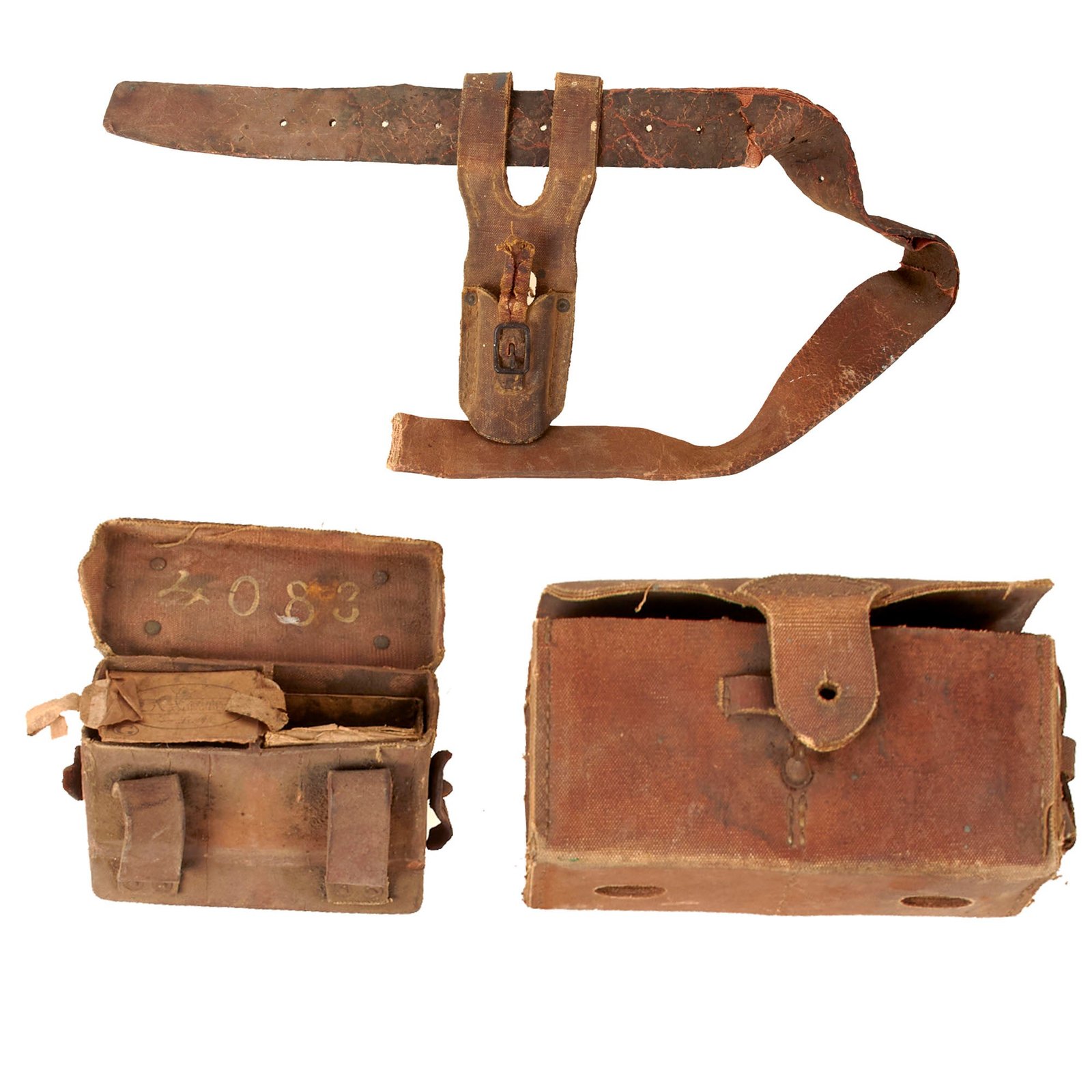 Buy Original Japanese WWII Rubberized “Jungle” Canvas Belt with Front Ammo Box & Bayonet Frog with Empty Ammunition Boxes and Separate Reserve Ammo Box | Original Firearms Antique For Sale