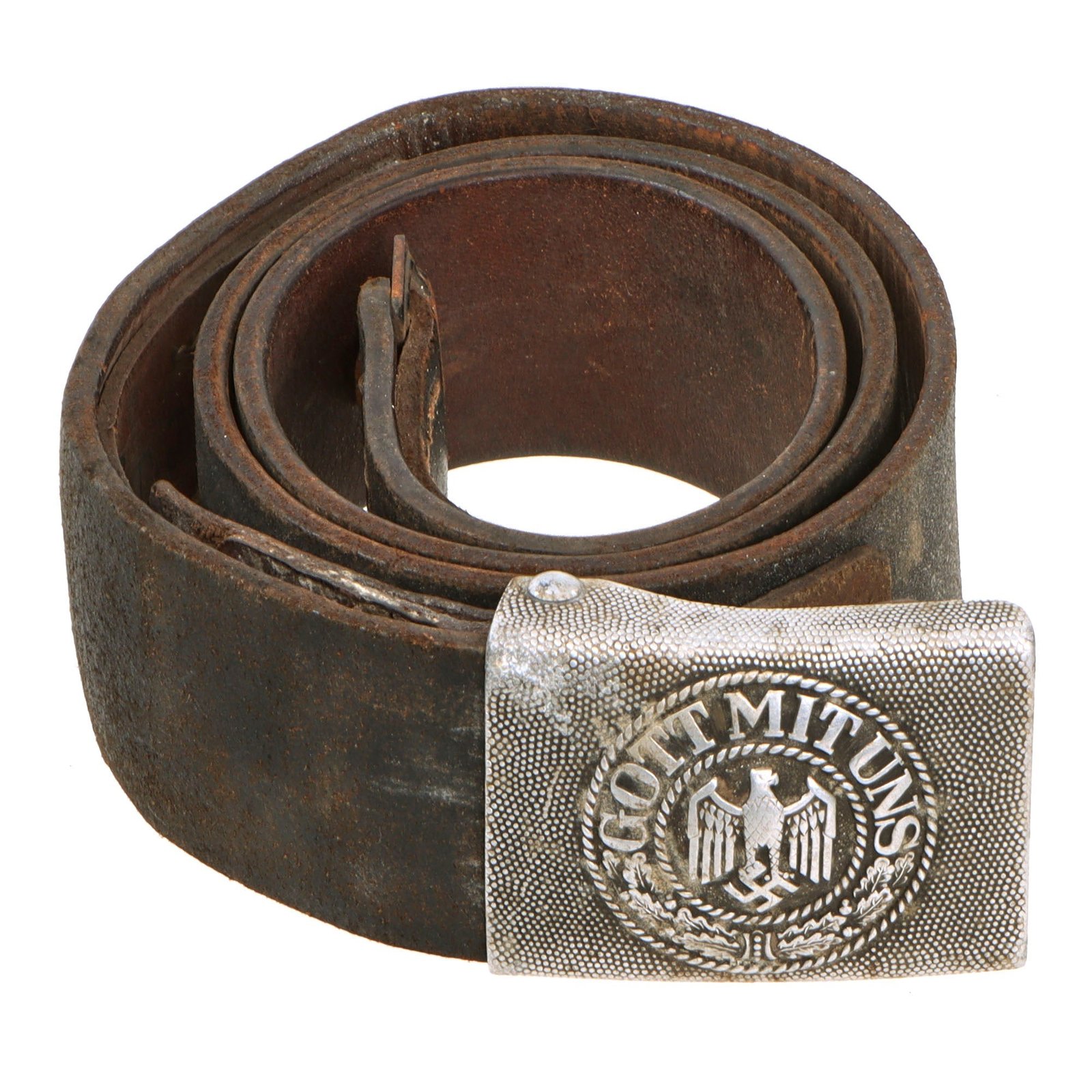 Original German WWII Early Heer Army EM/NCO Leather Belt with 1937 Dated Pebbled Aluminum Buckle by Klein & Quenzer A.G.