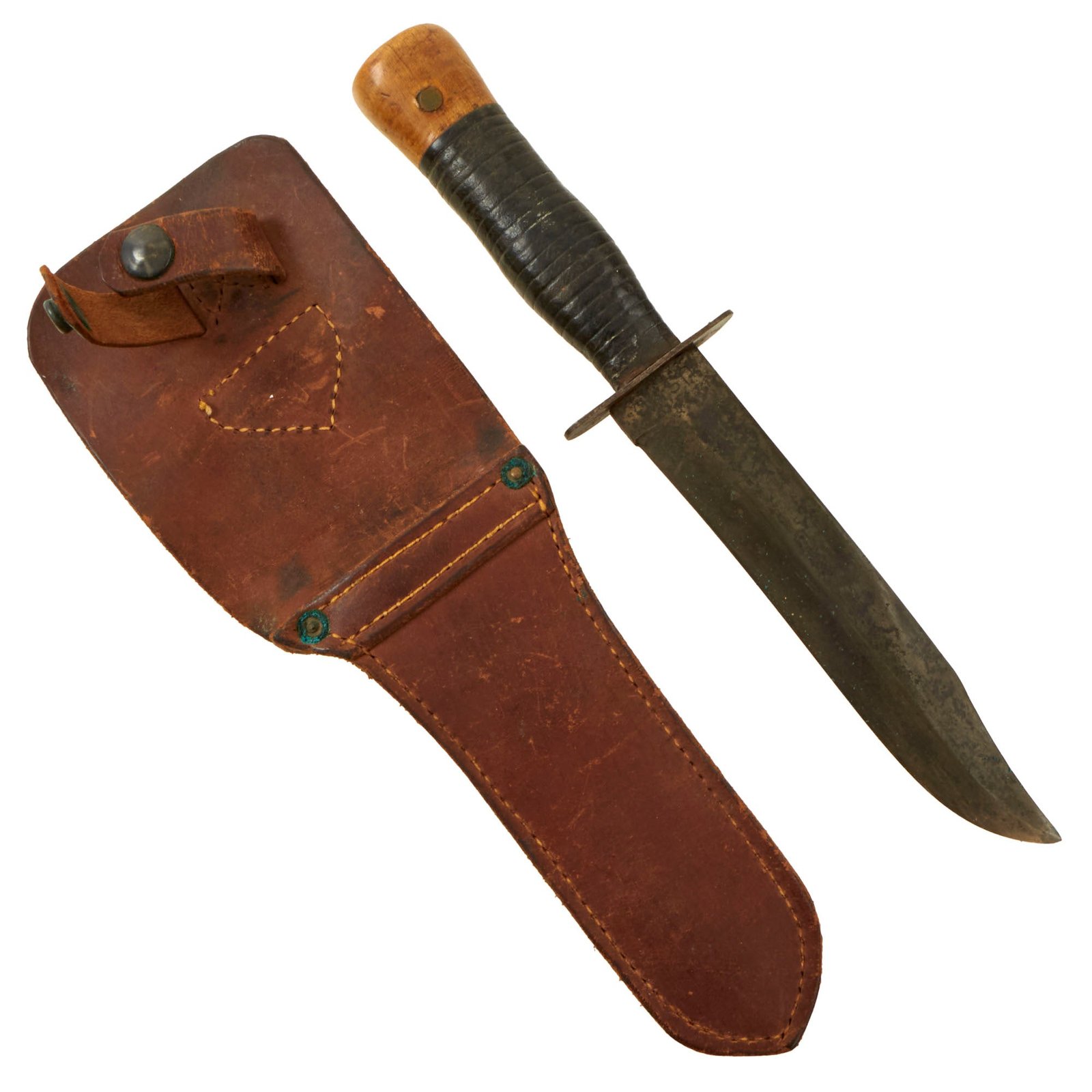 Buy Original U.S. WWII USMC Early Blade-Marked Mark 2 KA-BAR Fighting Knife with Custom Handle with Wooden Pommel & Handmade Sheath | Original Firearms Antique For Sale