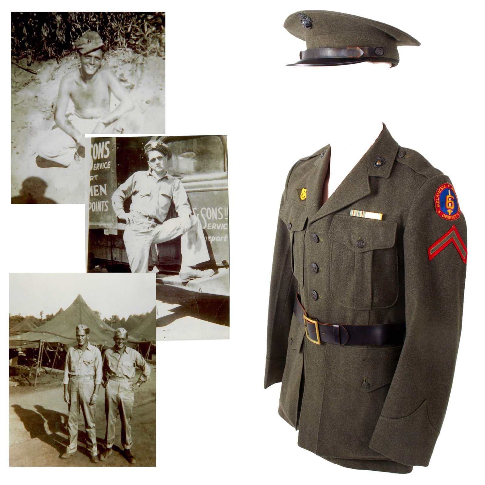 Original U.S. WWII  6th Marine Division Uniform Jacket & Visor Cap with Reprinted Photos & Belt - Attributed to Private First Class Bruno J. Mingrone