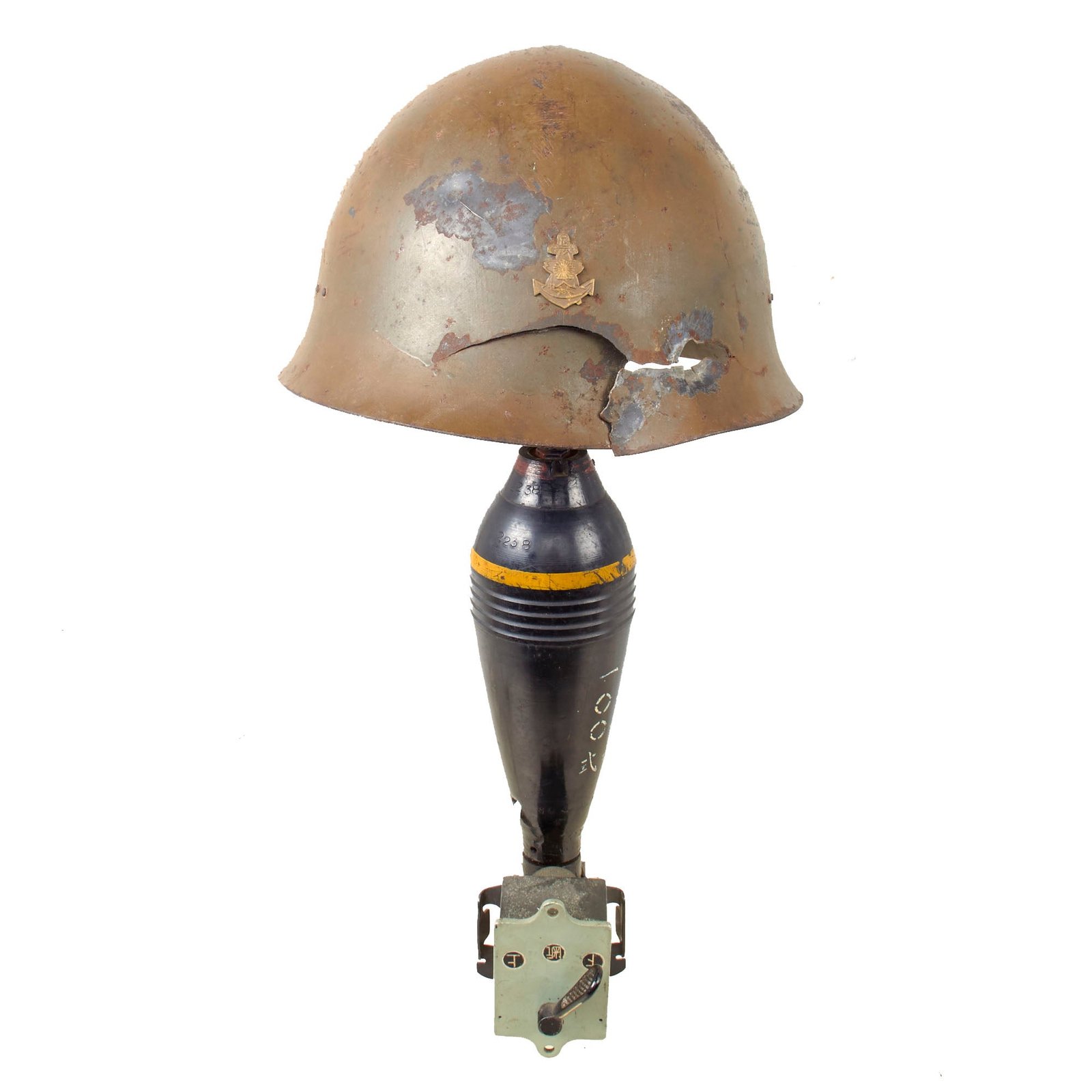 Buy Original WWII Japanese Trench Art Lamp Made from Special Naval Landing Forces (SNLF) Battle-Damaged Helmet, Inert Type 100 HE 81mm Mortar, and Aircraft Switch - Rewired and Functional | Original Firearms Antique For Sale
