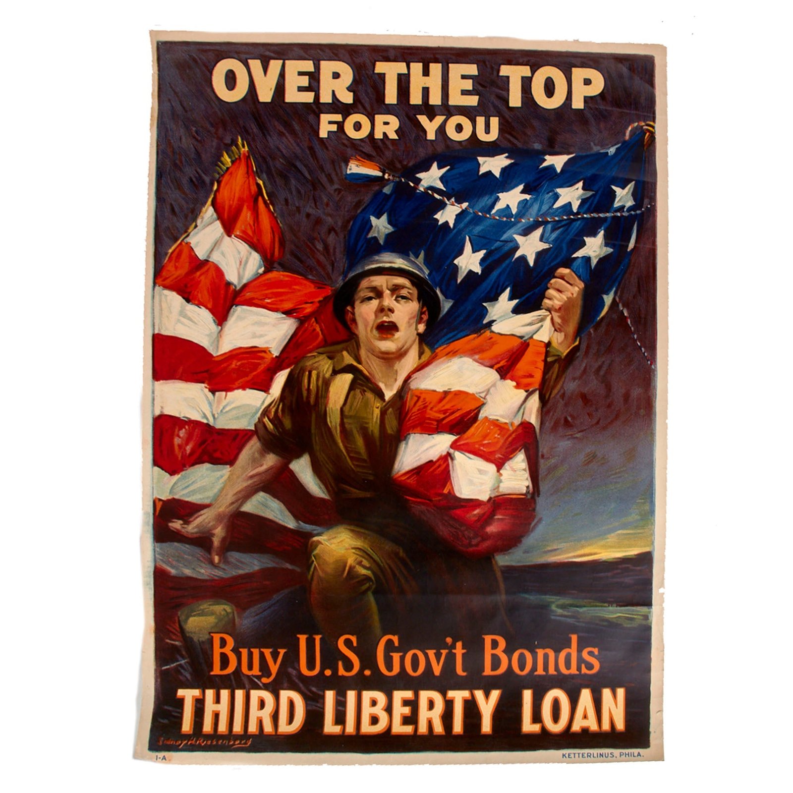 Original U.S. WWI Framed “Over the Top for You” 3rd Liberty Loan Propaganda Poster - 19 3/4 x 30”