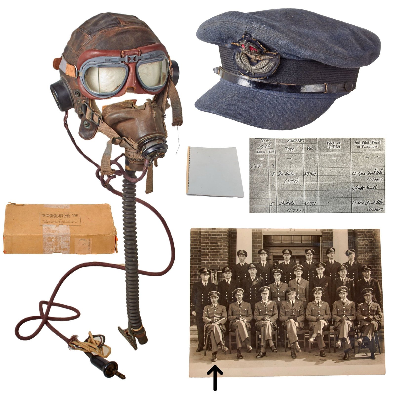 Buy Original British WWII RAF Attributed Bomber Pilot’s Type C Leather Flying Helmet with Mk. VIII Goggles in Original Box, Type E* Oxygen Mask, RAF Visor Cap, and Photo with Reprints of Log Book - Engineer Officer H. T. E. Hone | Original Firearms Antique For Sale