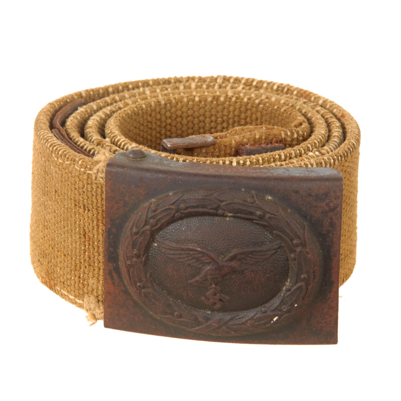Original German WWII Rare Field Repaired Luftwaffe Afrikakorps DAK Web Belt with Steel Buckle by B. Haarmann Dated 1941