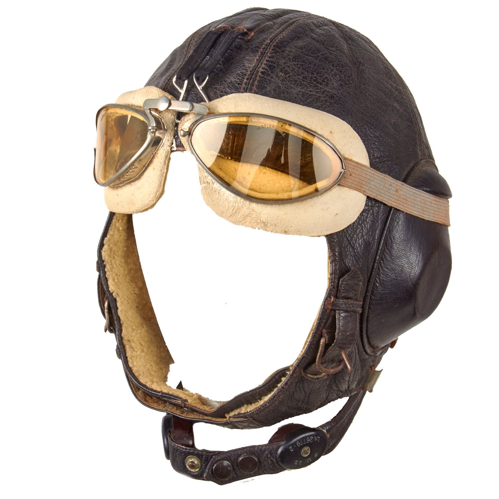 Original German WWII Luftwaffe LKpW101 Leather Winter Flying Helmet with Avionics & Goggles - Size 56cm