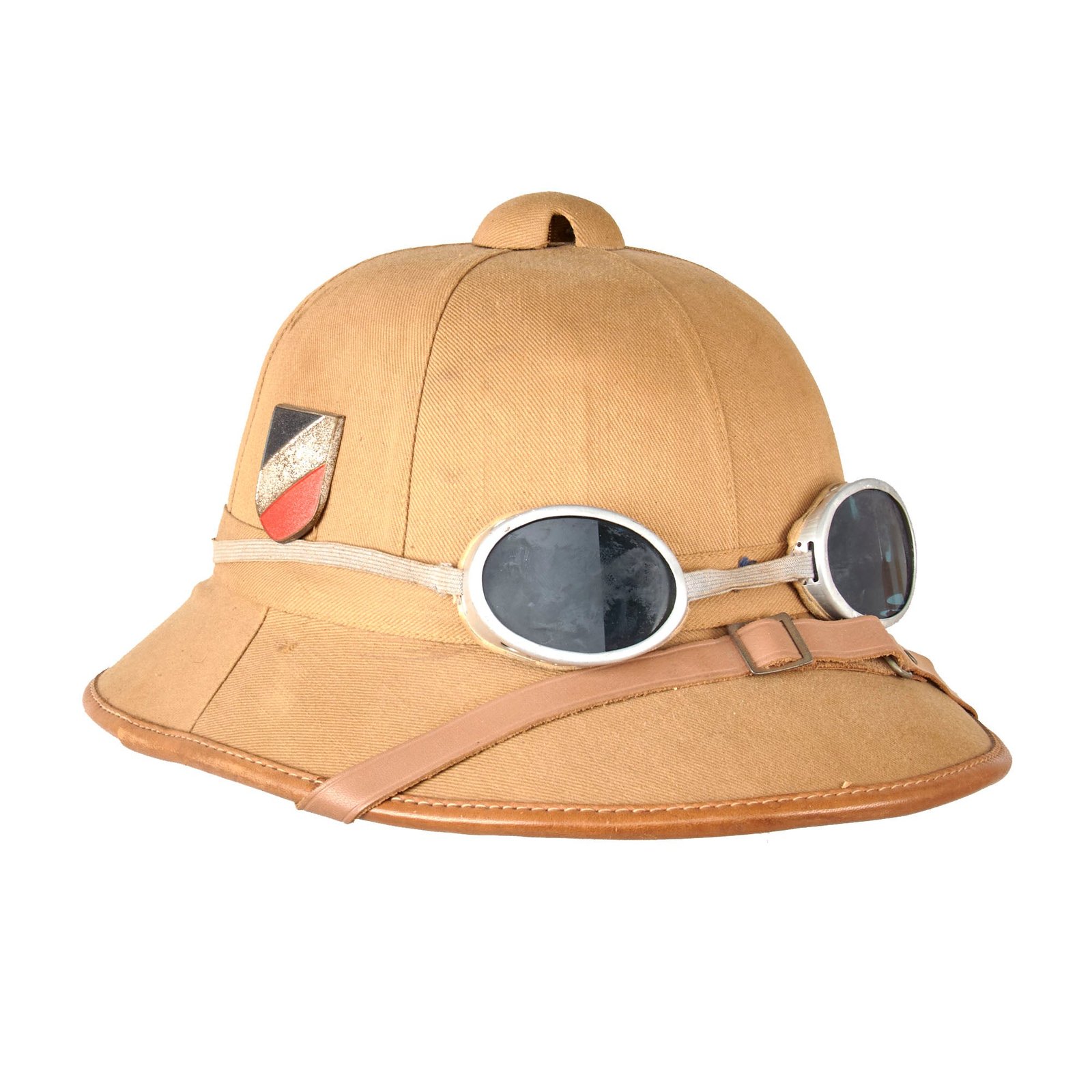 Buy Original German WWII 1940 Dated First Model Luftwaffe DAK Afrikakorps Tropical Sun Helmet by C. Pose with Tinted Goggles - Size 54 | Original Firearms Antique For Sale