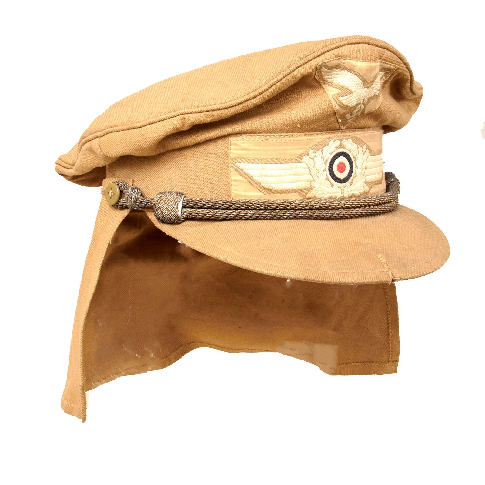 Buy Original German WWII Rare 1943 Dated Luftwaffe DAK Afrikakorps Tropical "Hermann Meyer" Visor Cap with Havelock and Period Officer Chinstrap - size 56½ | Original Firearms Antique For Sale