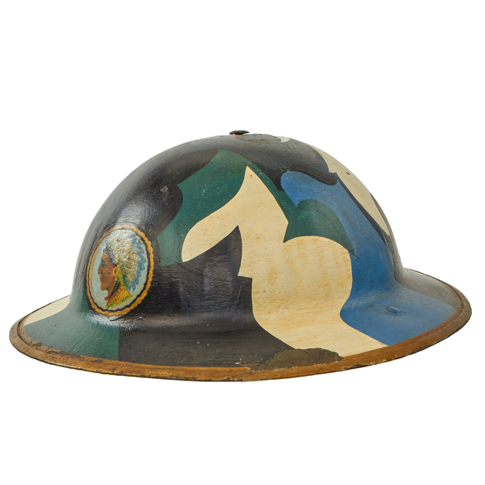 Original U.S. WWI British-Made Mk. I Helmet Shell Painted Camouflage by Veterans in the 1920s with Native American Depiction