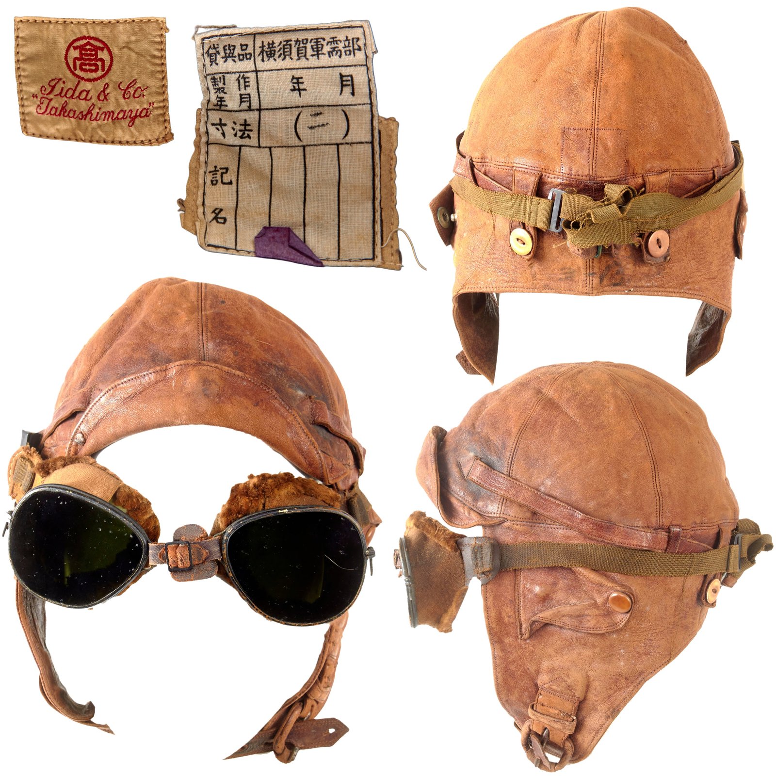 Original Japanese Post-WWI Rare Leather Summer Flight Helmet by Iida & Co. Takashimaya with Period Goggles - Size 2