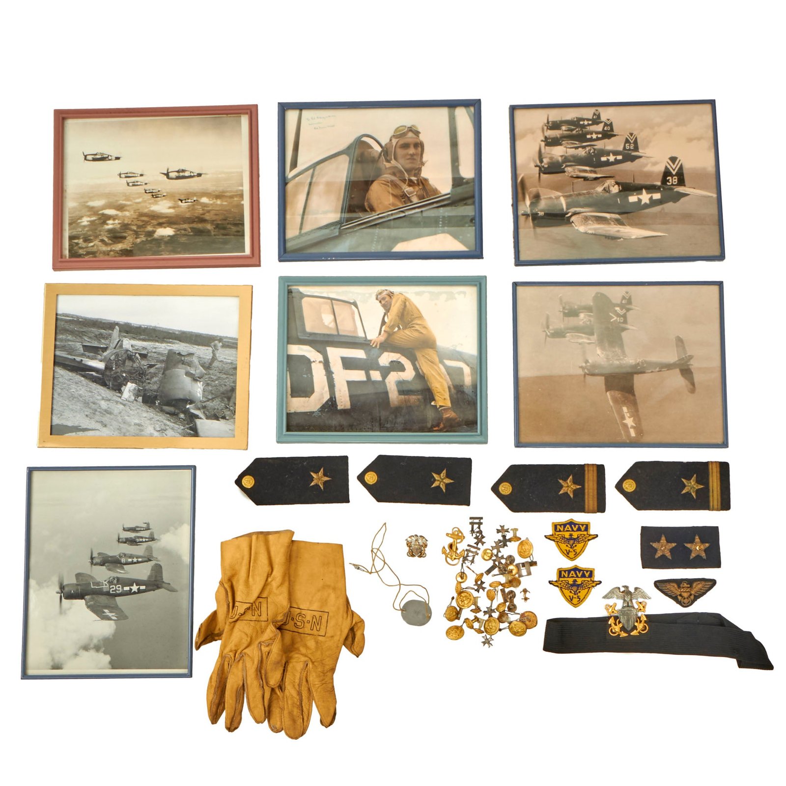 Buy Original U.S. WWII Navy F6F Hellcat Fighter Pilot Robert Soracco Dog Tag & Flight Gloves Grouping with Pilot’s Wings & Framed Photos - Three Aerial Victories / Kills | Original Firearms Antique For Sale
