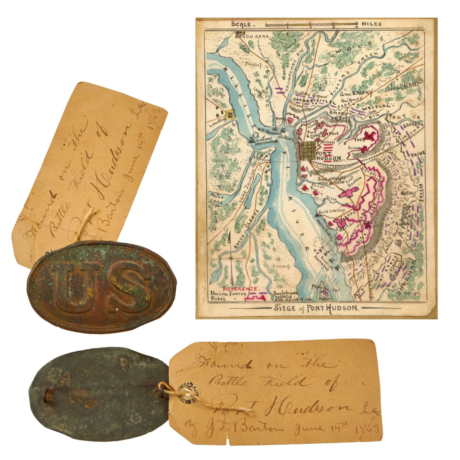 Buy Original U.S. Civil War Federal 1861 Cartridge Box Plate with Period Provenance Tag - Found on Battlefield of Siege of Port Hudson, Louisiana While Siege was Ongoing | Original Firearms Antique For Sale