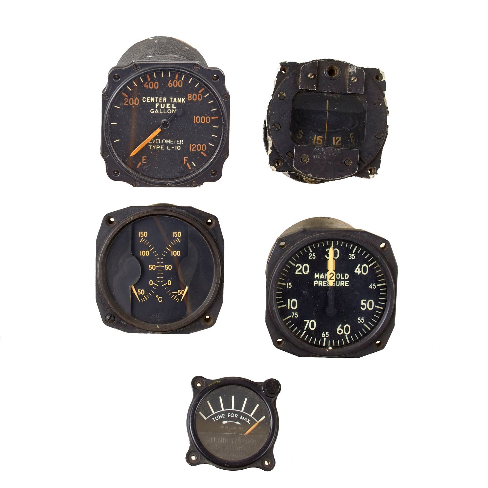 Original U.S. WWII Aircraft Gauges Including Tuning Meter & Type B-16 - Lot of Five