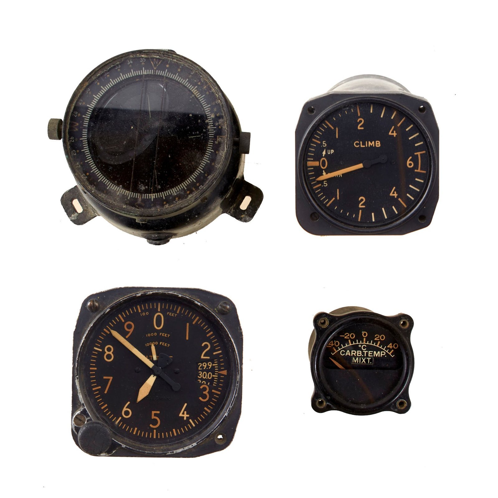 Original U.S. WWII Aircraft Gauges Including Straightflight Jr. Compass & Altitude Gauge - Lot of Four