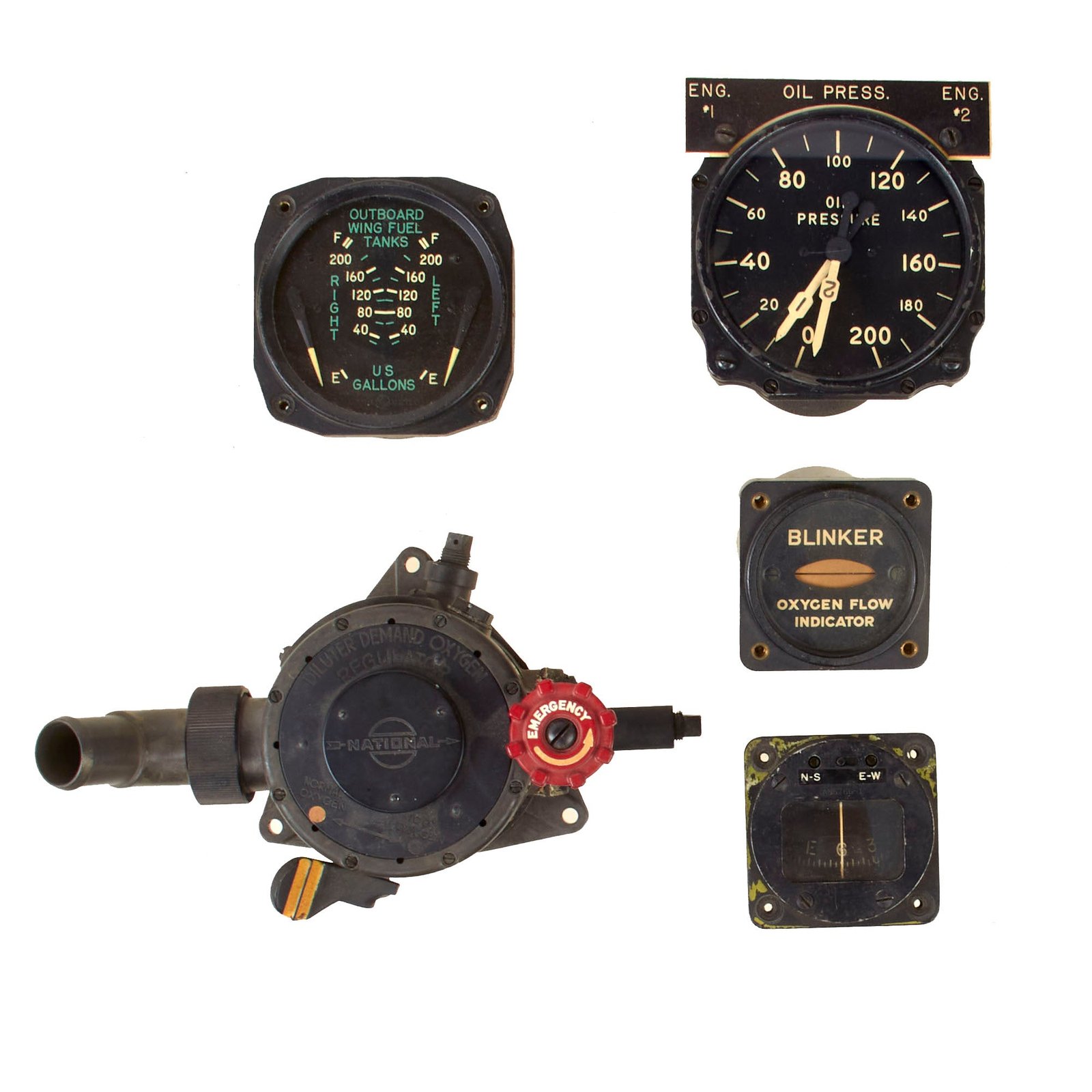 Original U.S. WWII Aircraft Gauges Including Oxygen Regulator & Pilot’s Standby Compass - Lot of Five