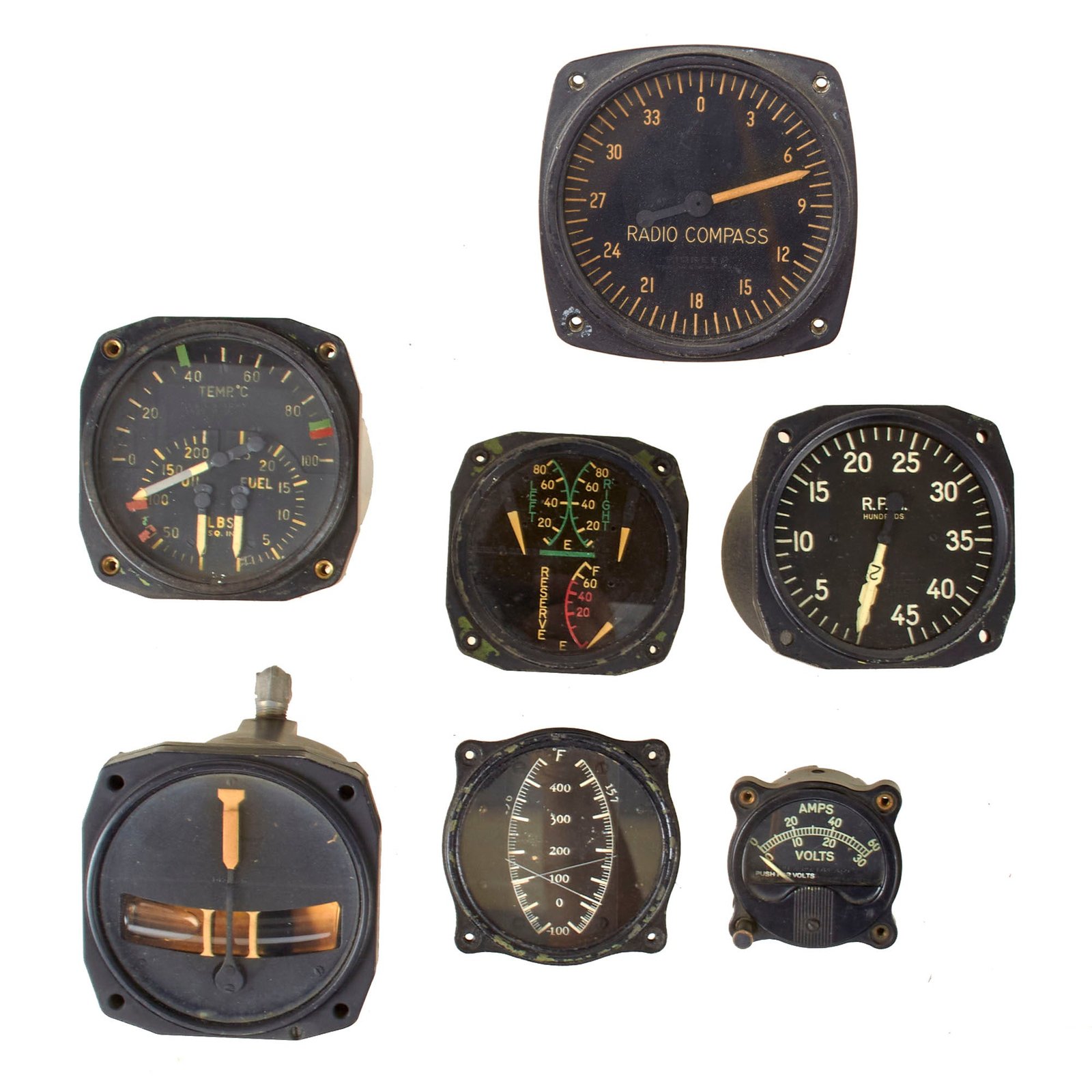 Original U.S. WWII Aircraft Gauges Including Radio Compass & Voltage Meters - Lot of Seven