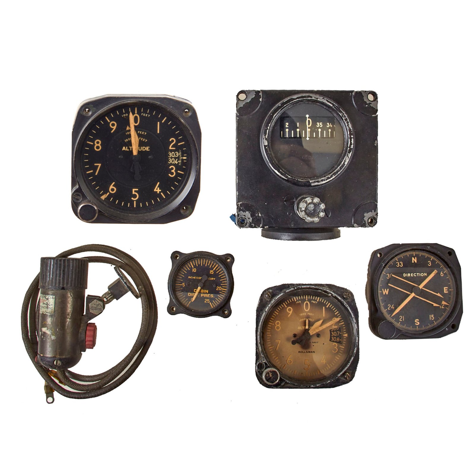 Original U.S. WWII Aircraft Gauges Including Directional Gyro Indicator & Cockpit Lamp Type C-4 - Lot of Six