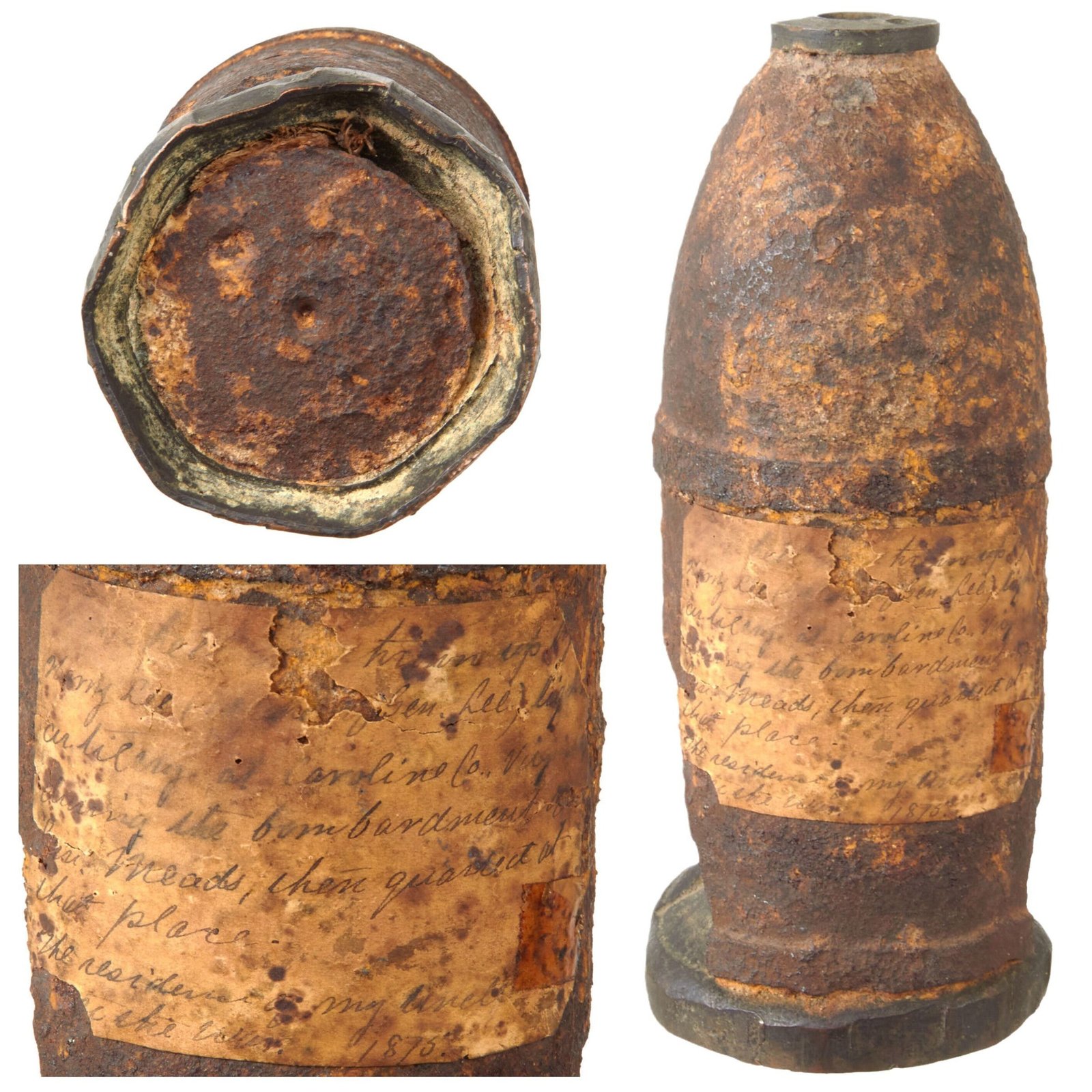 Buy Original U.S. Civil War Confederate 3 Inch Read Shell Fired by Lee’s Battery Virginia Light Artillery Recovered in 1875 with Provenance Note | Original Firearms Antique For Sale