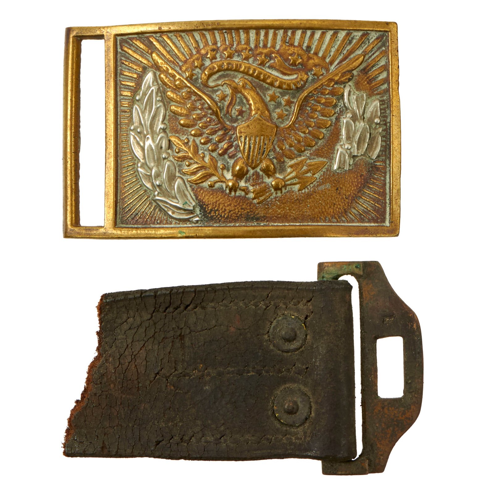 Buy Original U.S. Civil War Officer's Model 1851 Regulation Belt Buckle with Fragment of Belt & Partial Wreath | Original Firearms Antique For Sale