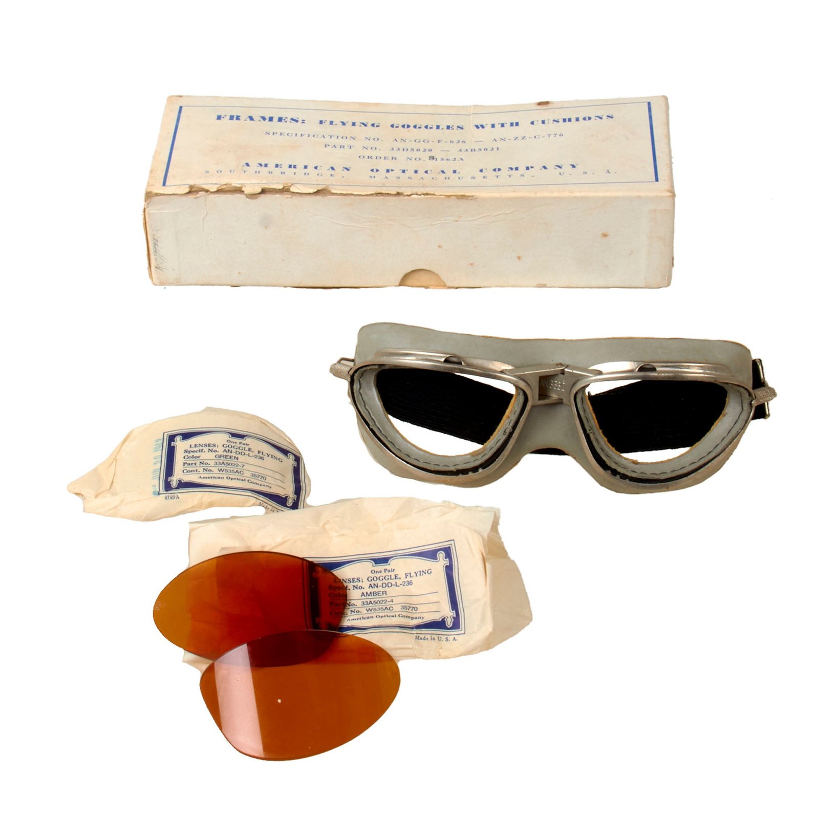 Buy Original U.S. WWII AAF Unissued AN-6530 Goggles in Original Box with Two Sets of Lens Wrapped in Paper - Amber & Green | Original Firearms Antique For Sale