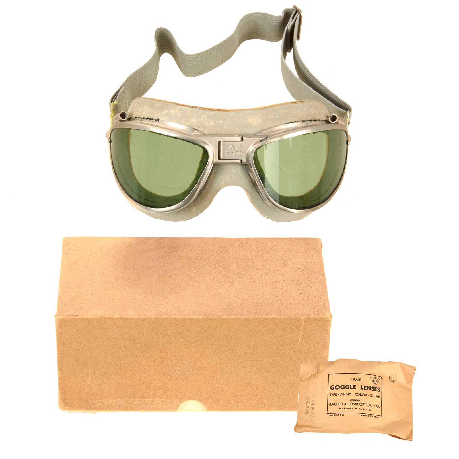 Original U.S. WWII AAF Unissued AN-6530 Goggles in Original Box with Spare Lens Wrapped in Paper - Excellent