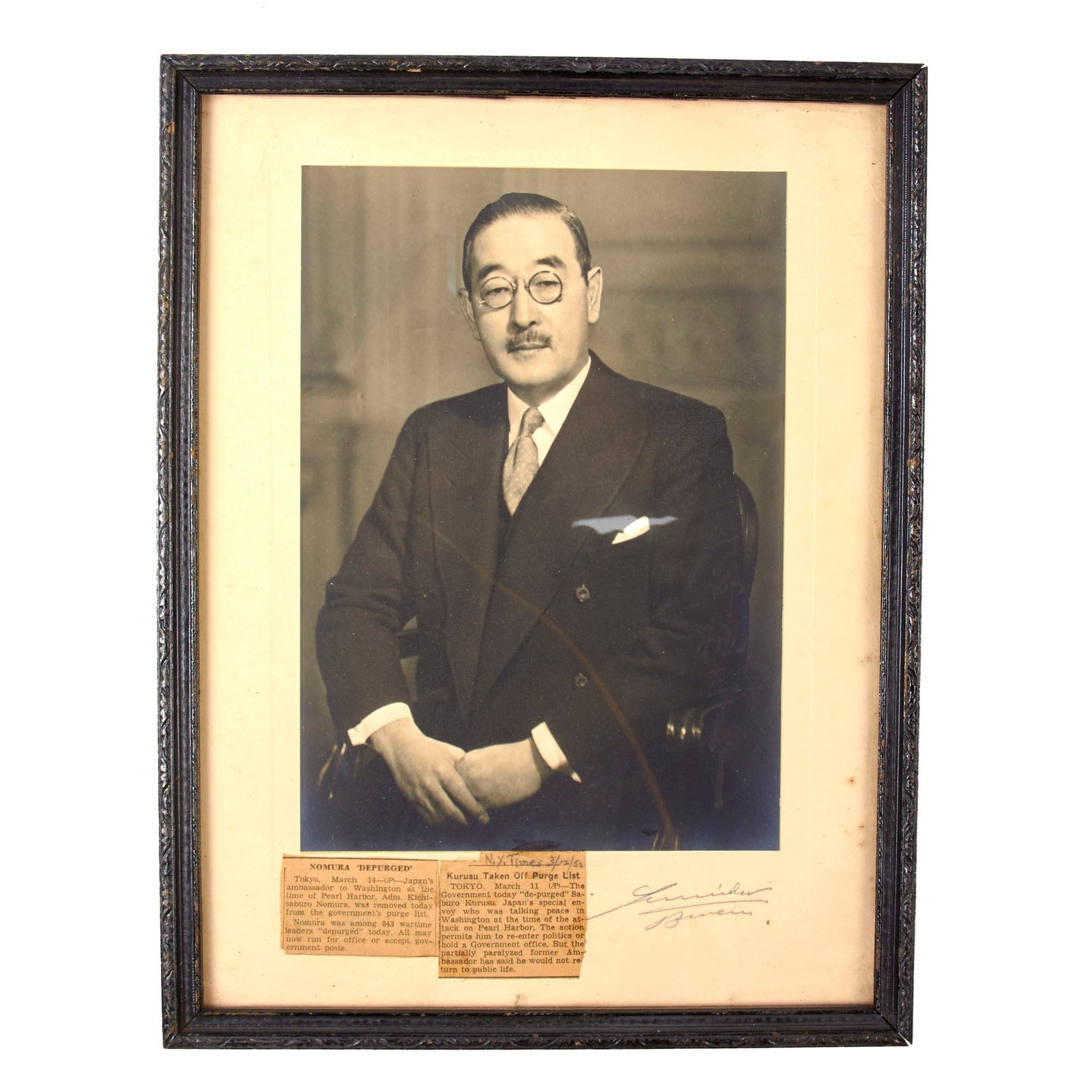 Buy Original Japanese WWII Signed Portrait of Kichisaburō Nomura, Japanese Ambassador to United States on December 7th, 1941 - 9¾ x 12¾” | Original Firearms Antique For Sale