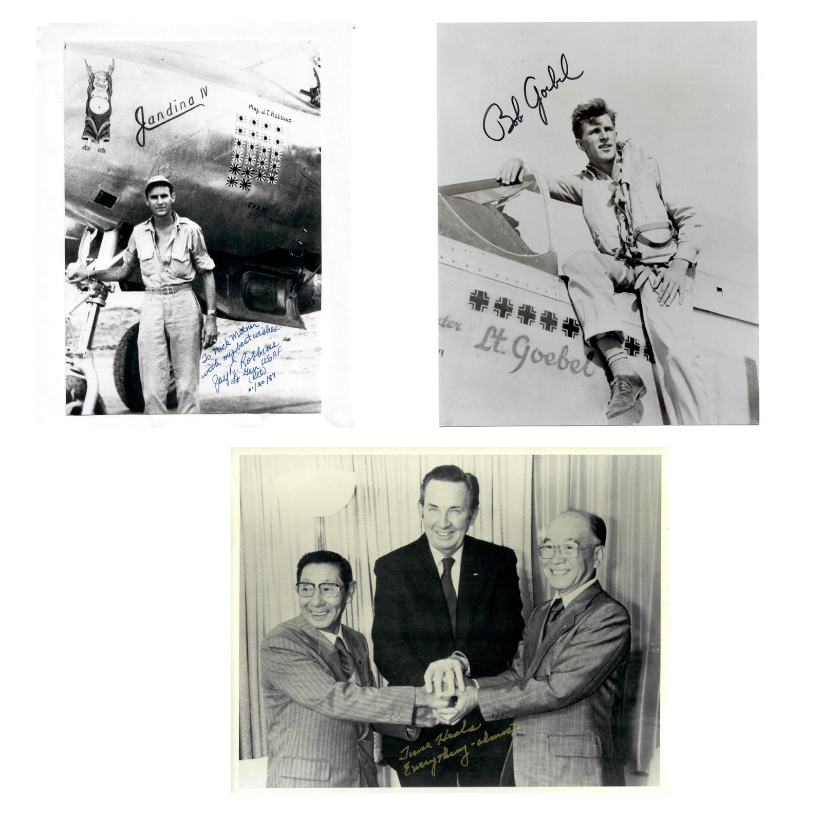 Original U.S. WWII Autograph Lot with Enola Gay Pilot Paul Tibbets & Chuck Sweeney, Bob Goebel, Jay T. Robbins, and Hap Halloran - Five Pieces Total