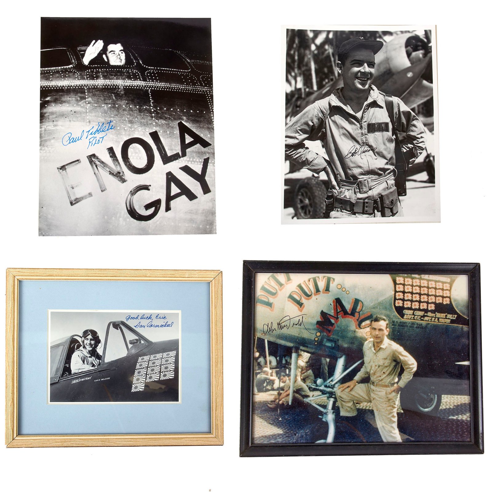 Original U.S. WWII Autograph Lot with Enola Gay Pilot Paul Tibbets & Bob Owens, Charles MacDonald, and Dan Carmichael - Four Pieces Total