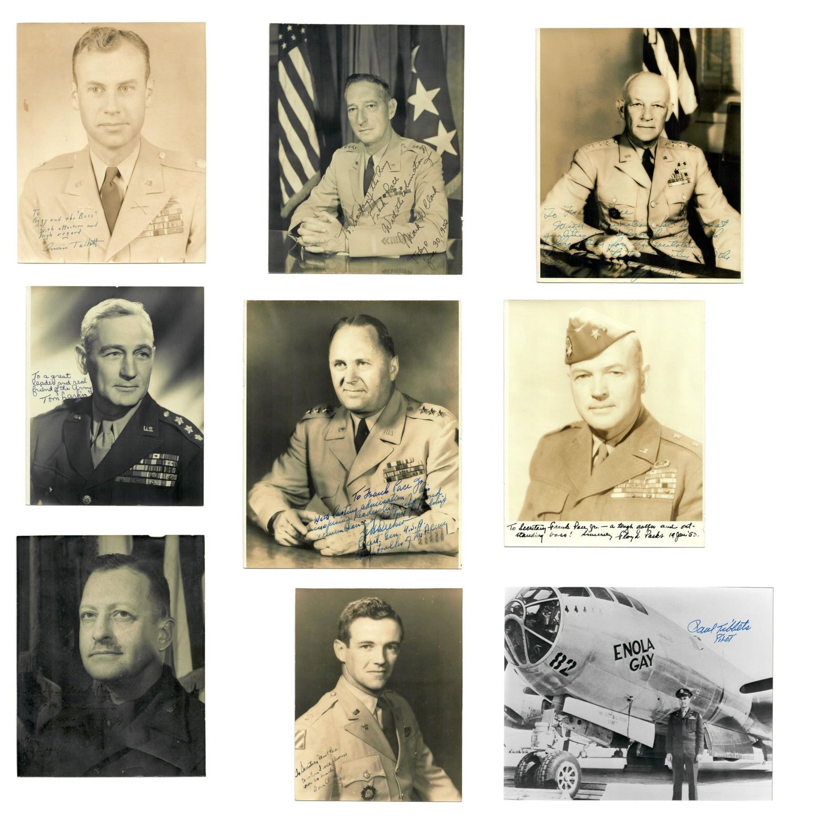 Original U.S. WWII Autograph Lot with Enola Gay Pilot Paul Tibbets and Nine Generals & Officers Including Mark Clark & Tom Larkin - 10 Autographs Total