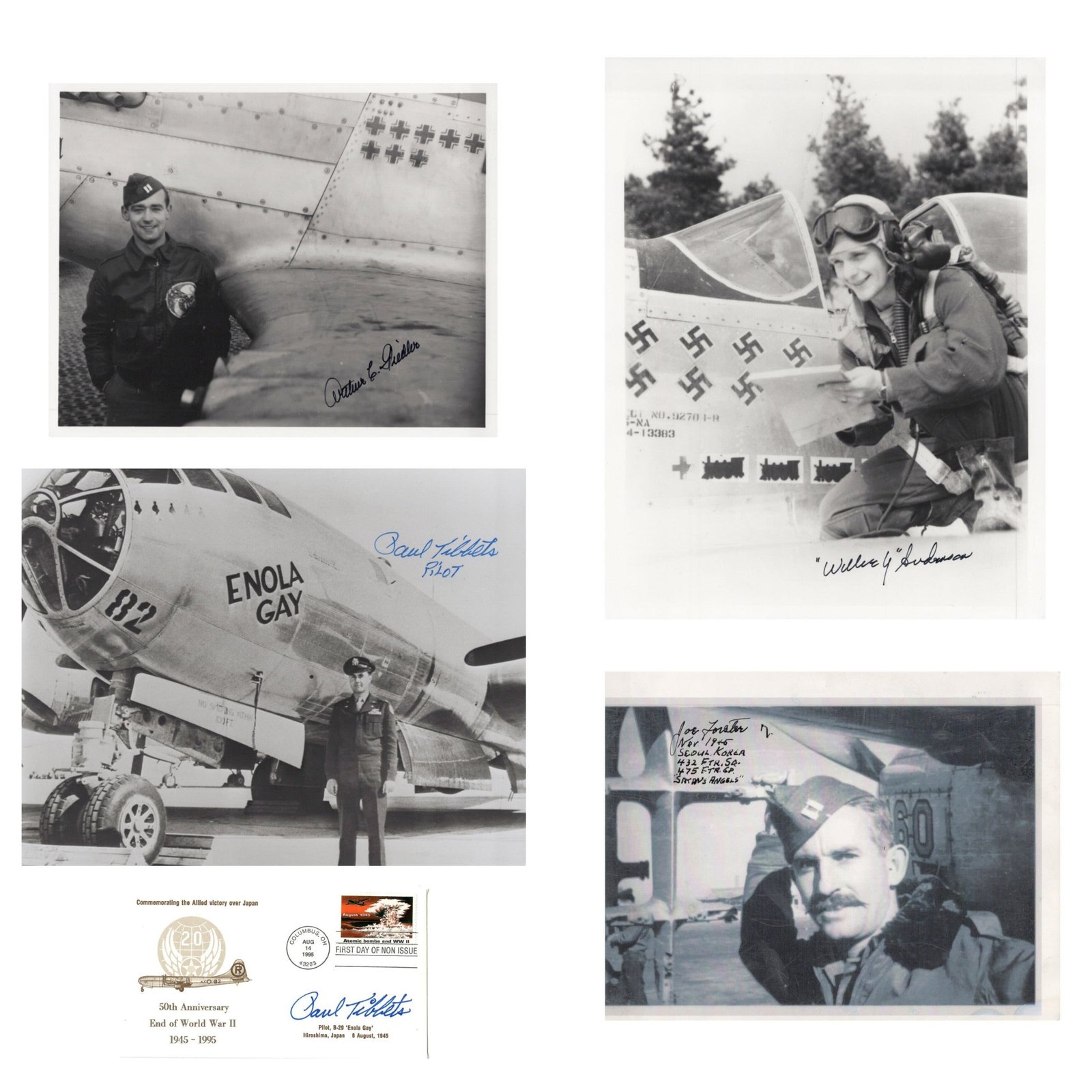 Original U.S. WWII Autograph Lot with Enola Gay Pilot Paul Tibbets & Other Pilots - Five Pieces Total