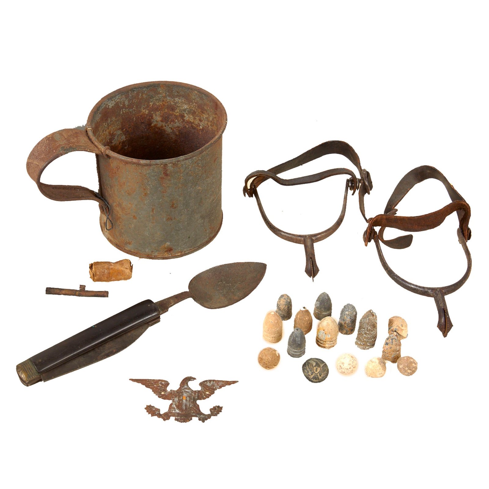 Original U.S. Civil War Soldier Personal Item Lot with Multi-Tool Utensil & Great Set of Spurs - Recovered Bullets & Button