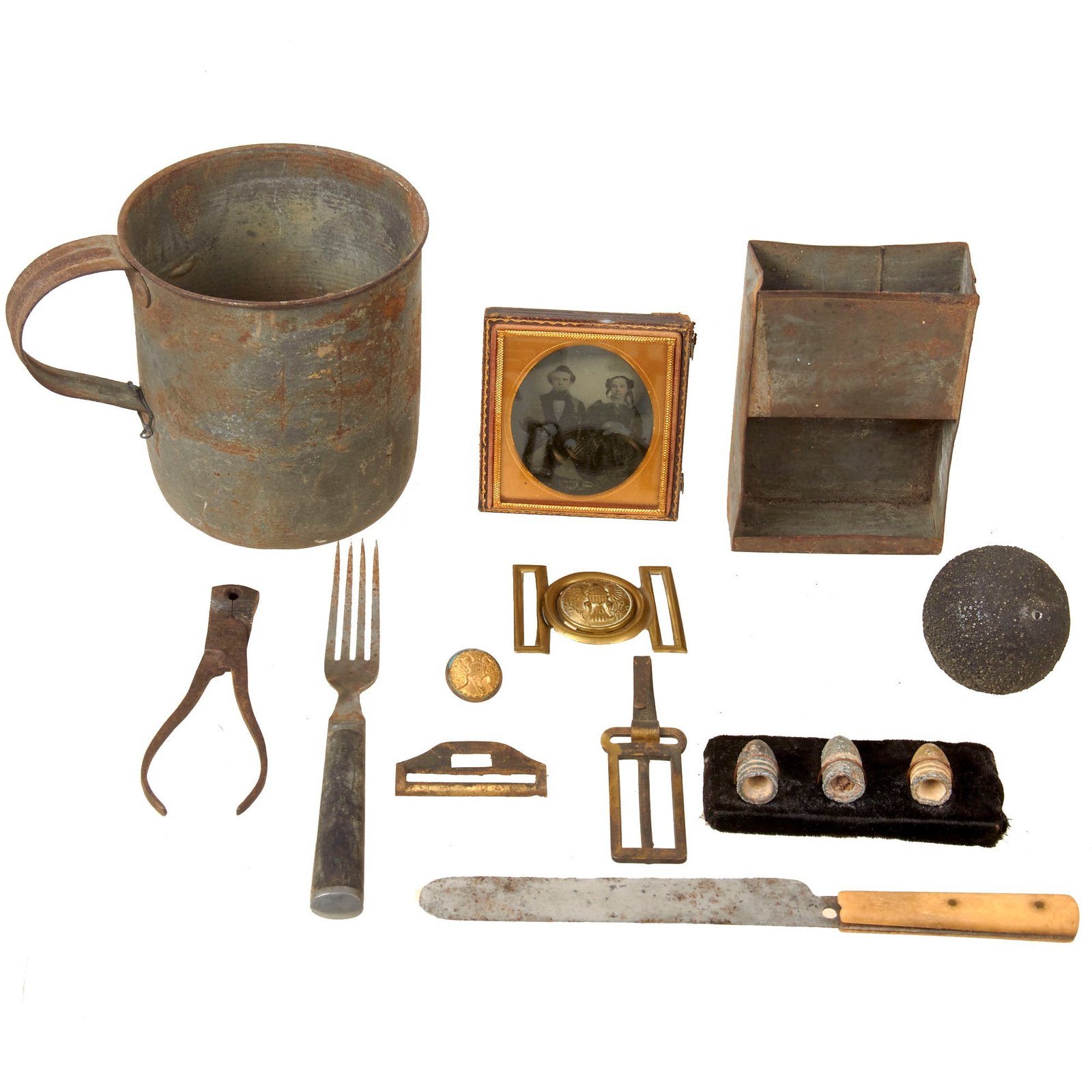 Buy Original U.S. Civil War Soldier Personal Item Lot with Bullets Recovered at Gettysburg & Bullet Mold | Original Firearms Antique For Sale