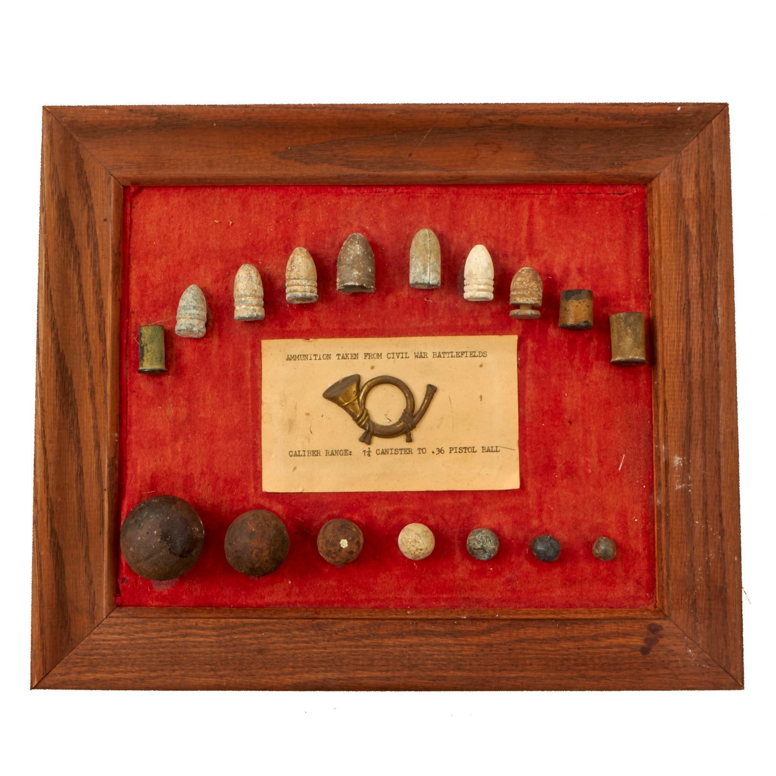 Buy Original U.S. Civil War Framed Collection of Battlefield-Recovered Ammunition & Infantry Cap Badge - 10½ x 12¼” | Original Firearms Antique For Sale