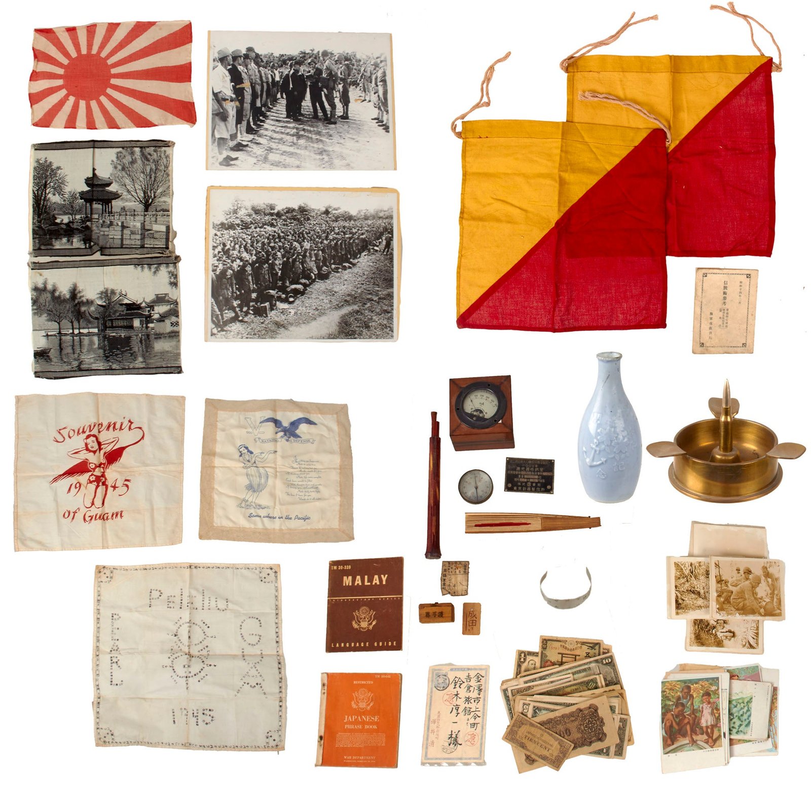 Original U.S. WWII Japanese GI Souvenir Lot with Japanese Aircraft Gauge, Signal Flags & Original Manual, Trench Art Ashtray, and Tons of Photos, Paper Money, and Ephemera