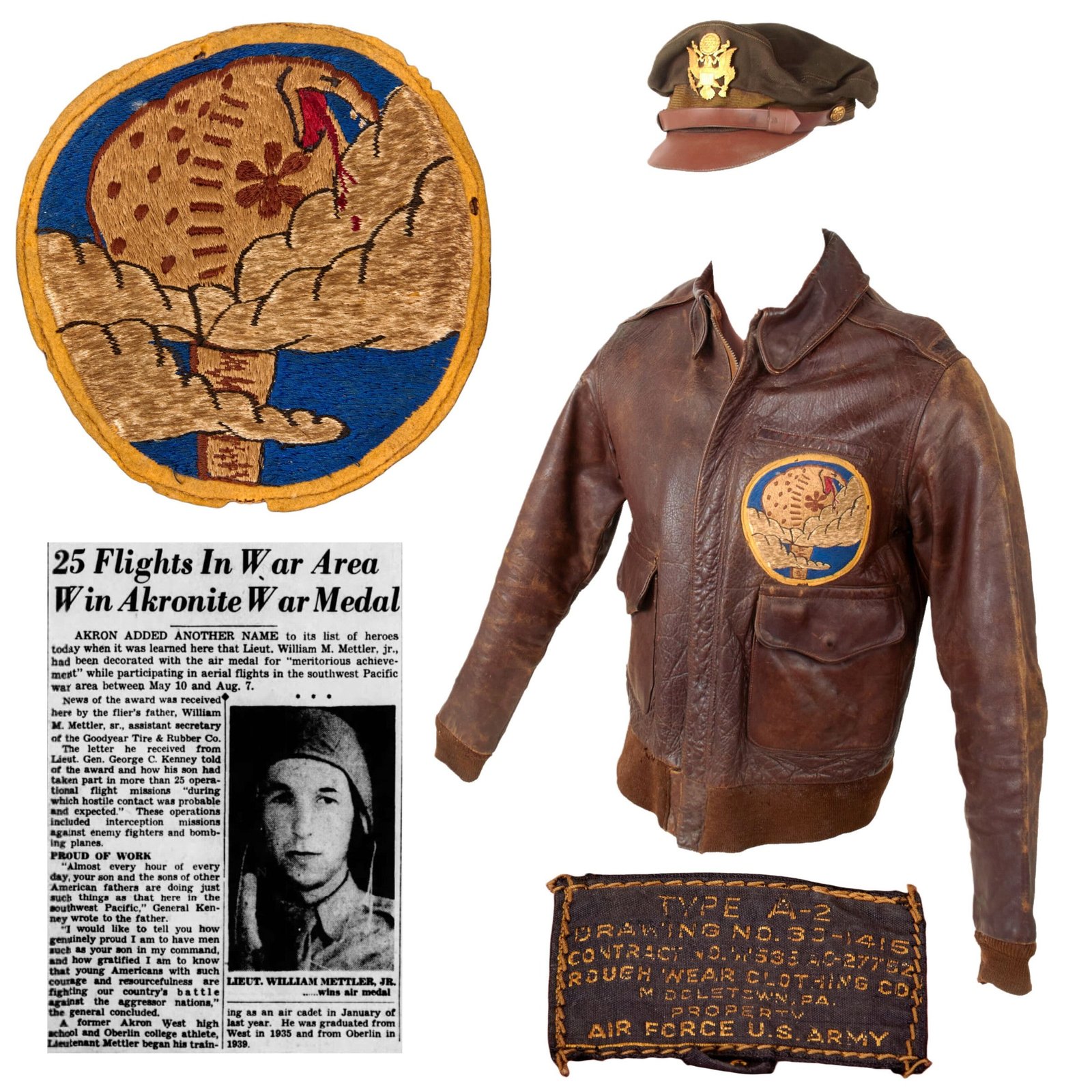 Buy Original U.S. WWII 39th Fighter Squadron Distinguished Flying Cross Recipient Lt. William Mettler’s Patched A2 Flight Jacket & Crusher Cap - “Cobra in the Clouds” | Original Firearms Antique For Sale